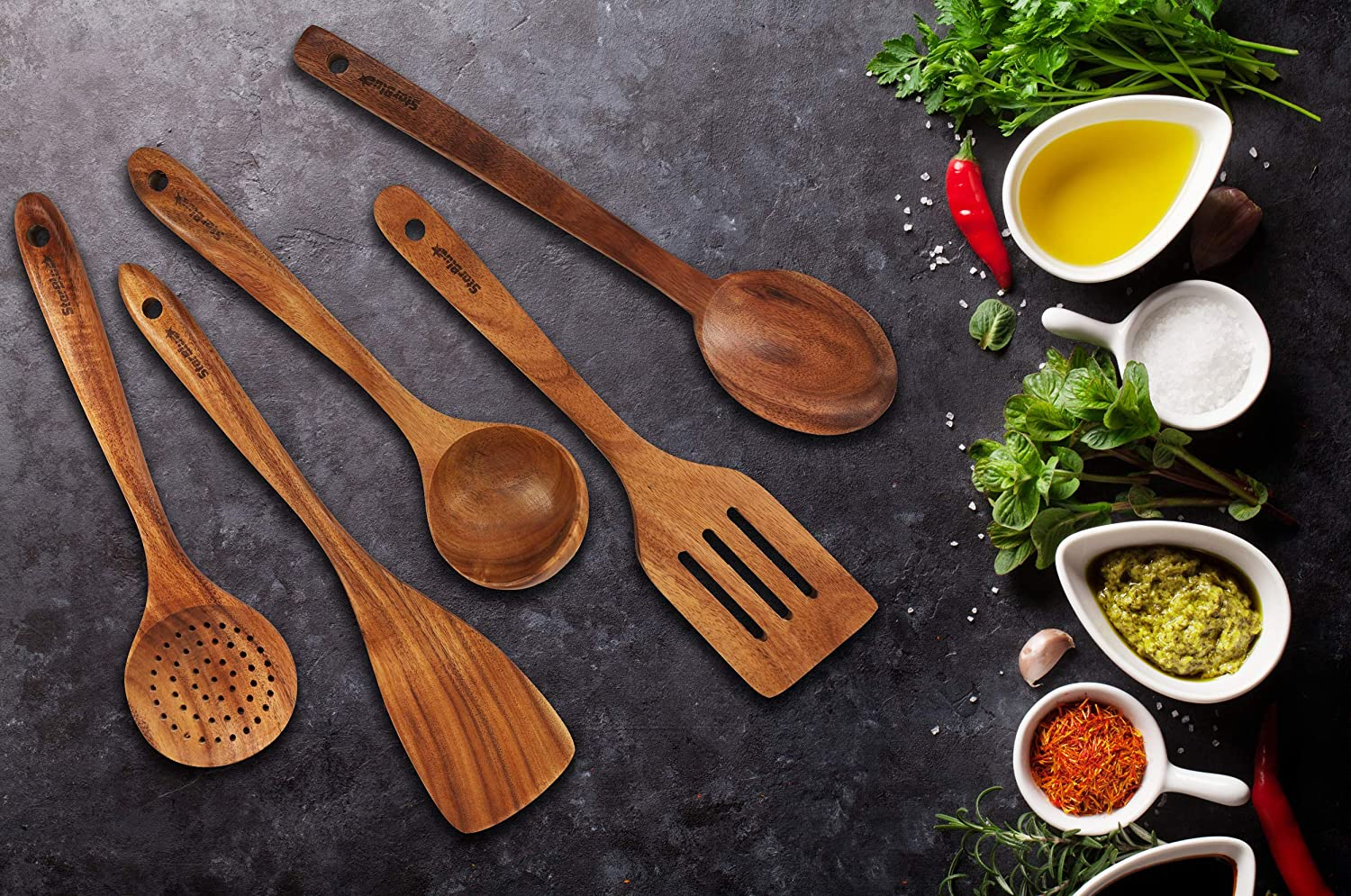 6 Pieces Acacia Wooden Cooking Utensils Set by Starblue &ndash; Non-Scratching and Durable Spatulas for Non-Stick Cookware &ndash; Eco-Friendly and Ergonomic Wooden Spatula and Spatula Holder Set image number 5