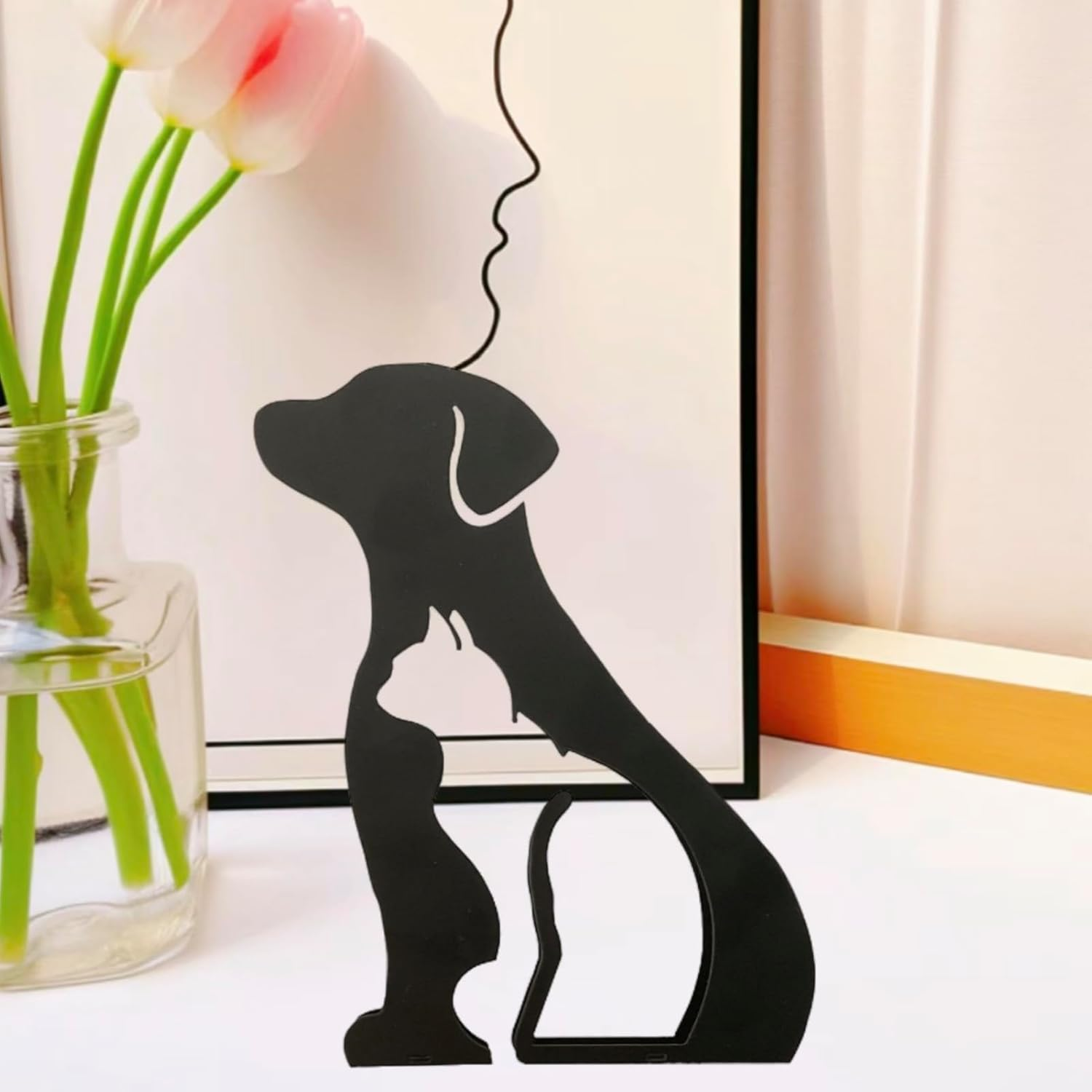 Metal Dog and Cat and Cat Minimalist Art Wall Sculpture, Abstract Simple Metal Wire Art Sculpture Geometric Dog and Cat and Cat Statues Drawing Art Statue Ornament Wall Art Decoration for Home Office