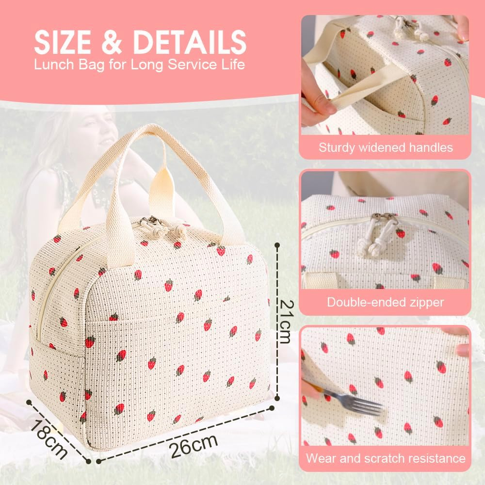 Insulated Lunch Bag for Kids & Adults, Reusable Corduroy Lunch Box Tote Bags, Leakproof Cooler Bag for Work Office Picnic School Travel BBQ, Large Capacity & Cute Design (Beige Strawberry) - Beige Strawberry image number 3