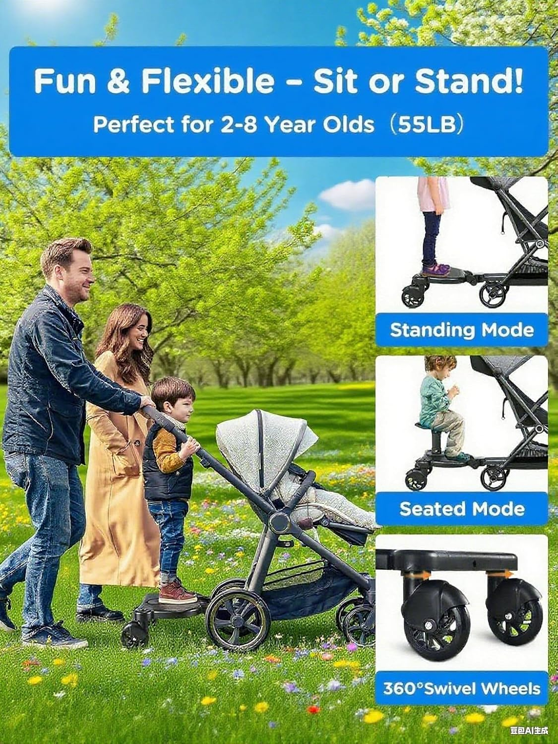 Universal Stroller Boarduniversal Stroller Board 2 in 1 Sit and Stand Stroller Board with Detachable Seat Stroller Attachment Buggy Board for 99% of Strollers Holds Children up to 55Lbs, Blue