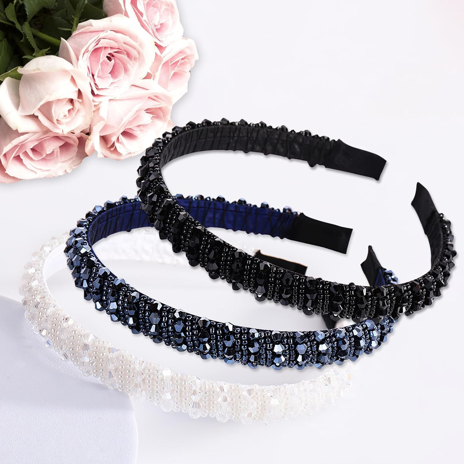 Pack of 3 Women'S Headband with Crystal Beads, Glitter Headband, Rhinestone Hair Band, Bling, Crystal Headbands, Wedding, Evening Party, Prom, Fashionable Padded Headband image number 6
