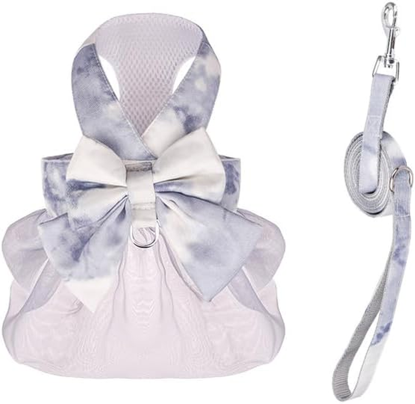Dog Harness and Leash Set with Bow Knot - Gradient Color Dog Leash Princess Gauze Dress Pet Dress Back Small and Medium Puppy Harness for Small Girl Dogs Cats (Graywhite, S)