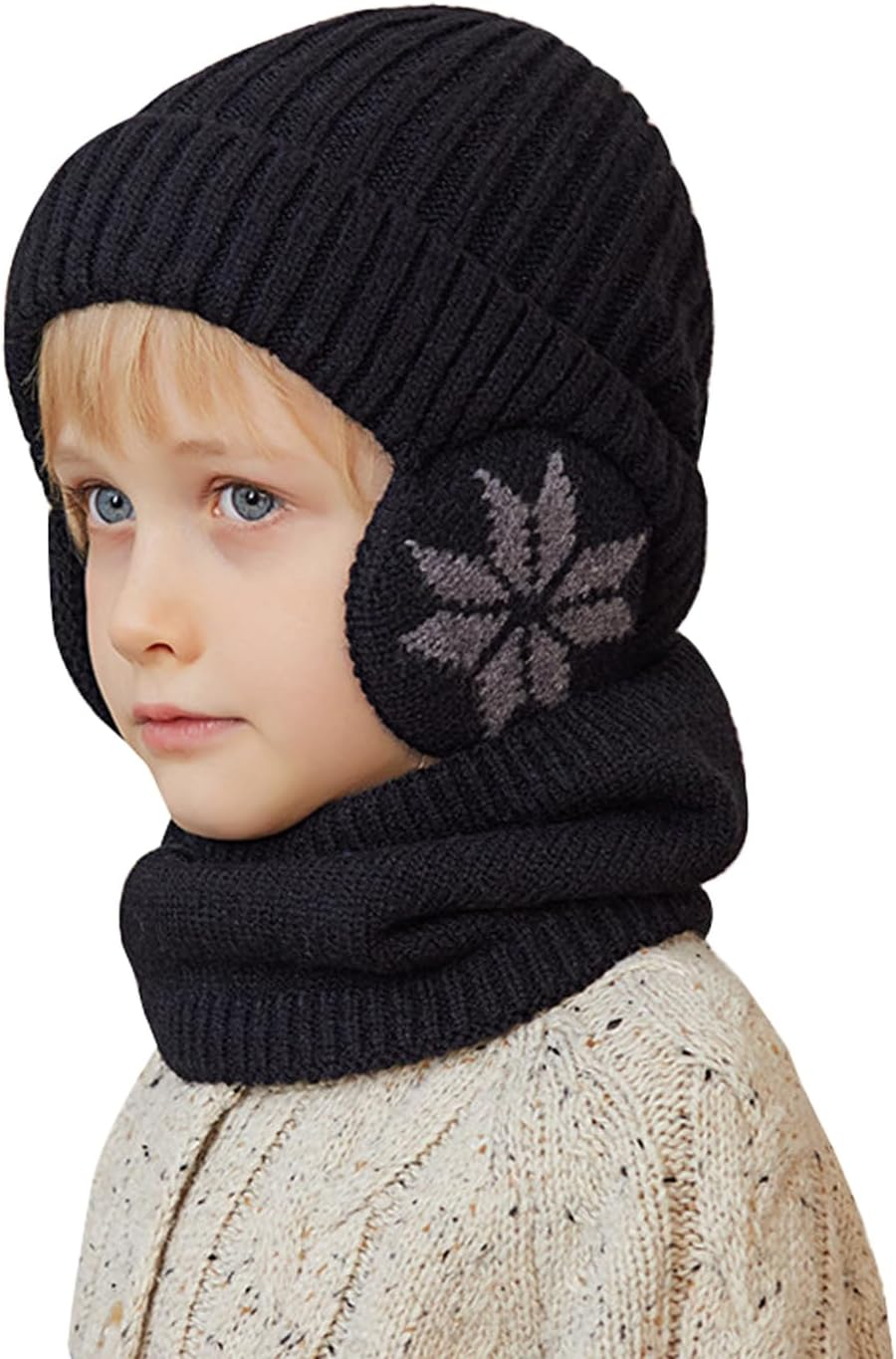 4-10 Years Kids Winter Knitted Earflap Cap Scarf Set Fleece Lined Earflap Beanies Hat Cosy Baby Warm Hat with Neck Warmer Windproof Outdoor Ski Beanies Cap Knitted Crochet Cap Children Handmade Hat image number 6