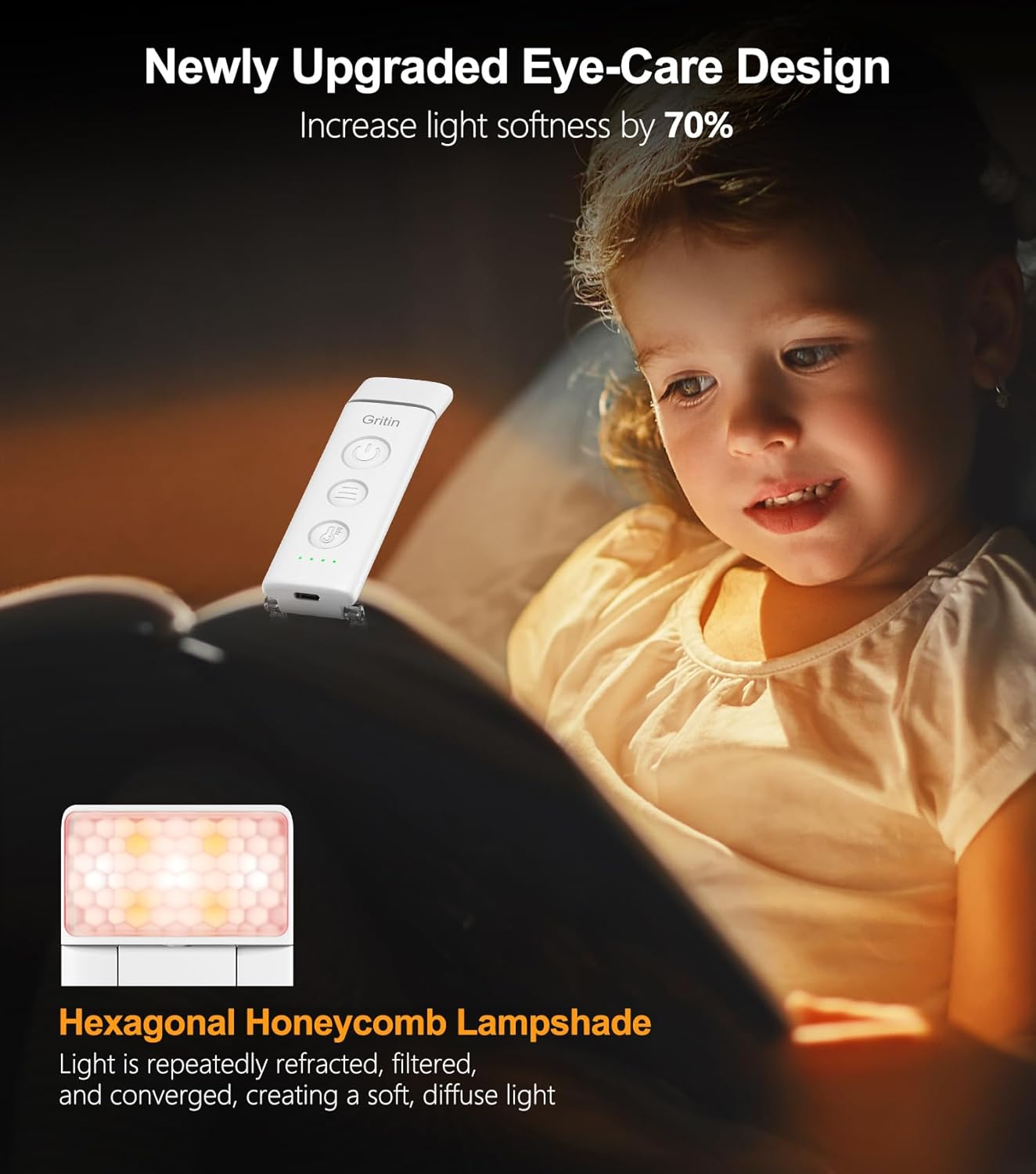 Gritin Book Light Rechargeable, Reading Light Lamp Clip on Books, 3 Eye-Protecting Modes (Mixed/White/Amber), 5 Brightness & Stepless Dimming, Long Battery Life, Flexible Reading Lamp for Readers image number 3