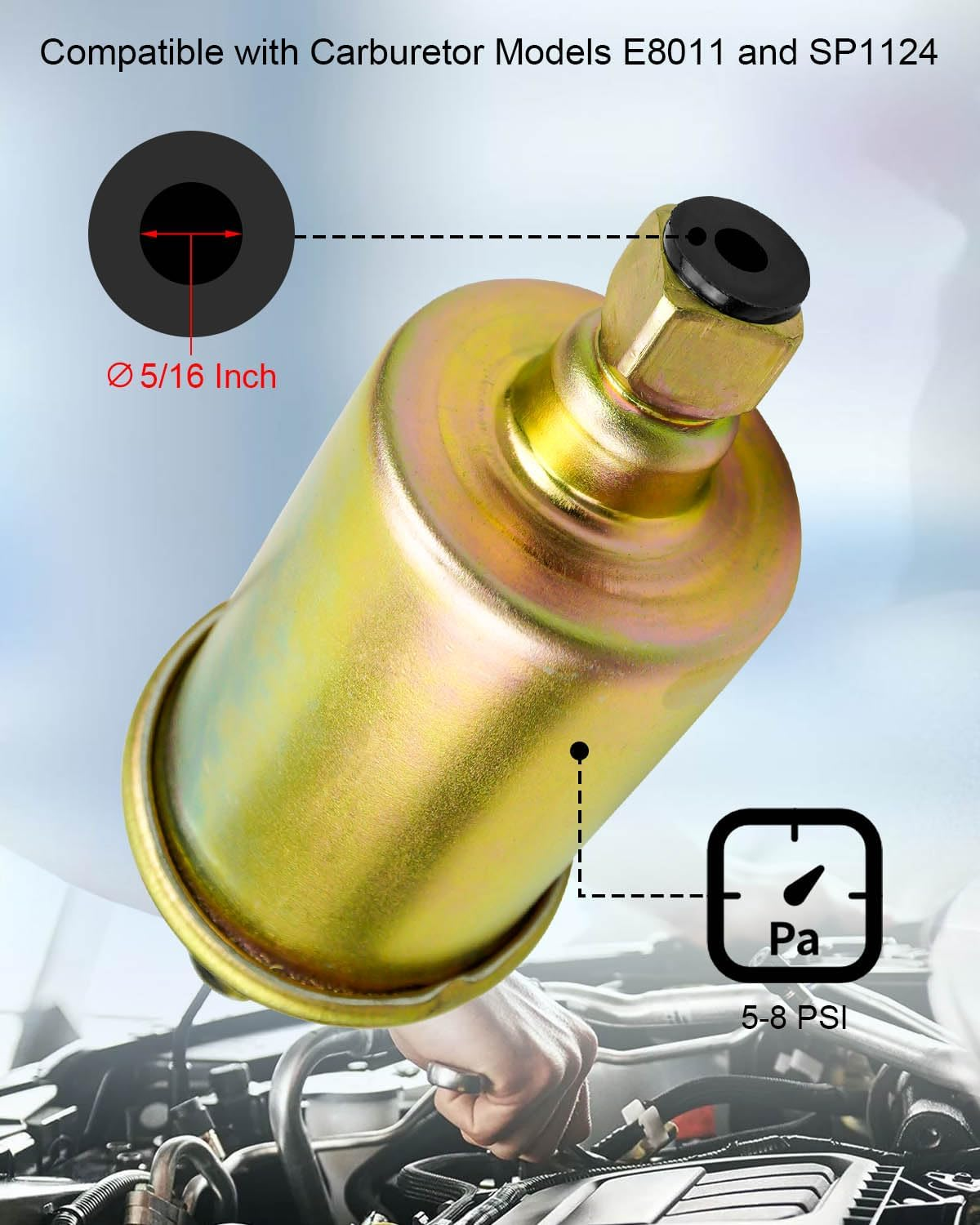 Universal 6V Electric Fuel Pump with Installation Kit - Fit for Carbureted Models E8011 SP1124, 5-8 Psi 5/16 Inlet and Outlet Intank Fuel Pump, 6 Volt Inline Type Electric Fuel Transfer Pump image number 2