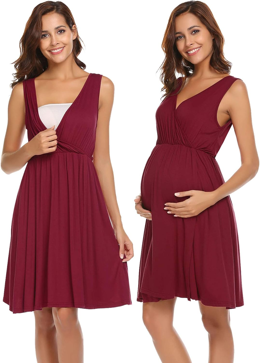 Ekouaer Women Maternity Nursing O-Neck Short Sleeve Blend Tie Front Pregnant Sleepwear Dress S-XXL