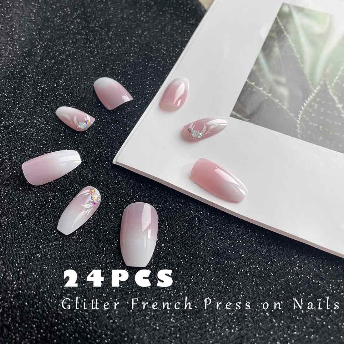 Square Gradient Nails Fake Nude Mid Glitter Fake Nail Crystal Flower Acrylic Print on Nails French Full Cover False Nails for Women Girls image number 2