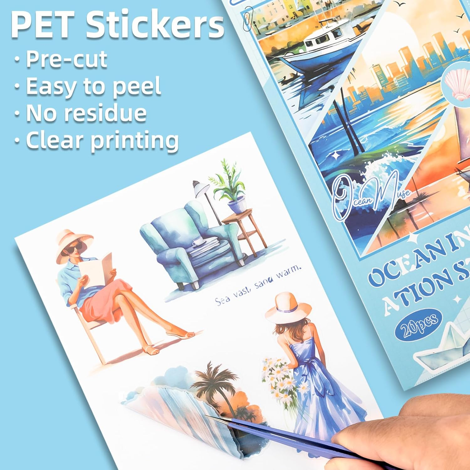 Uideyvi Blue Ocean Series Sticker Scrapbooking Supplies for Junk Journal, 20 Sheets PET Stickers - Vintage Journaling Stickers, Ephemera Sticker Book Pre Cut(Tz-007-001) image number 1