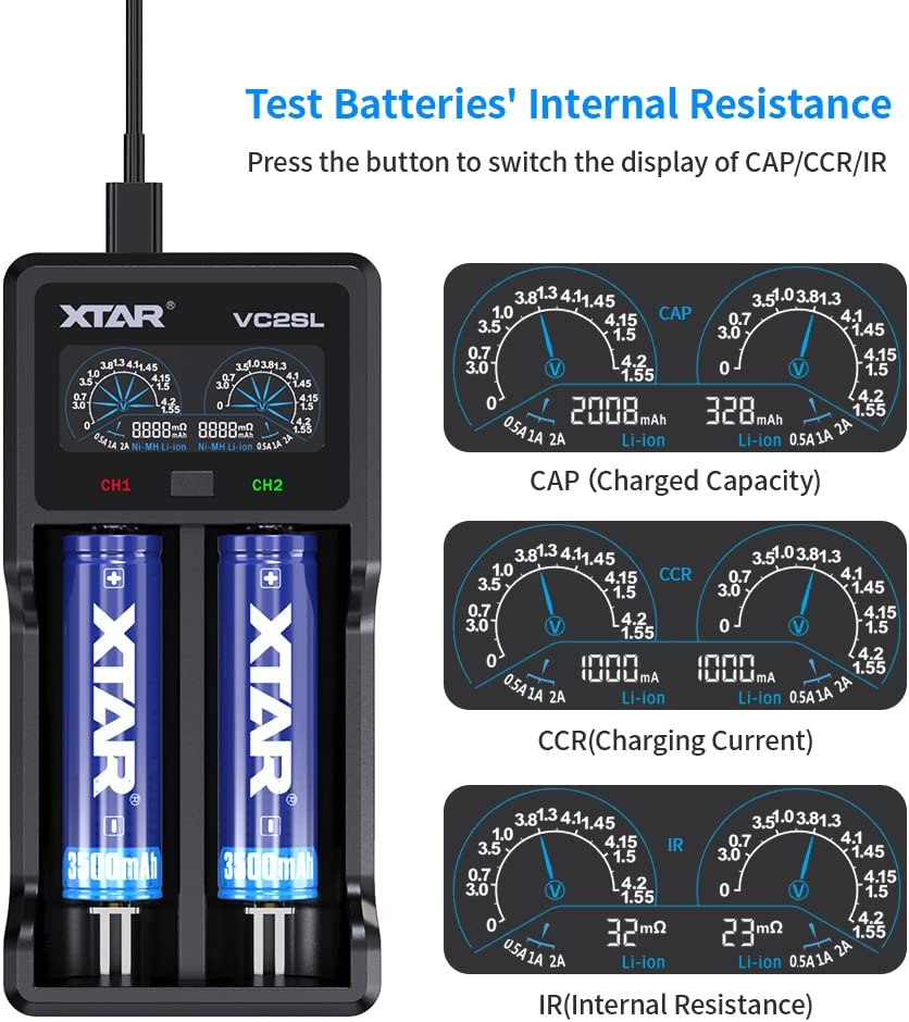 XTAR VC2SL Type C 18650 Battery Charger Universal Intelligent LCD Display 21700 Charger with USB Output for Rechargeable Batteries Li-Ion 18650 21700 18350 16340 14500 Ni-Mh/Ni-Cd a AA AAA image number 4