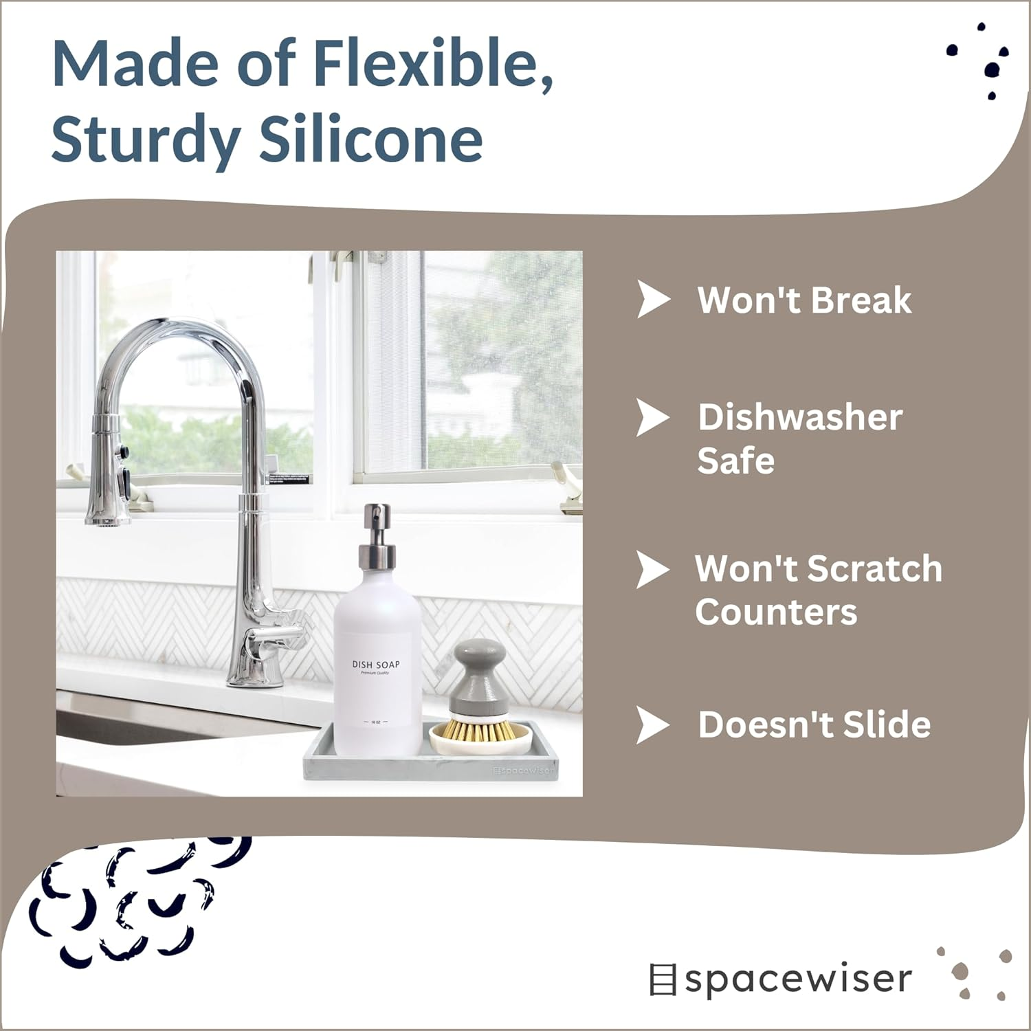 Spacewiser Countertop and Vanity Tray &ndash; Small 7.4" Silicone Soap Dispenser Tray, Shatterproof Flexible Bathroom Tray, Kitchen Sink Tray for Soap Bottles, Key Trinket Ring Tray, Original Silicone Tray image number 4