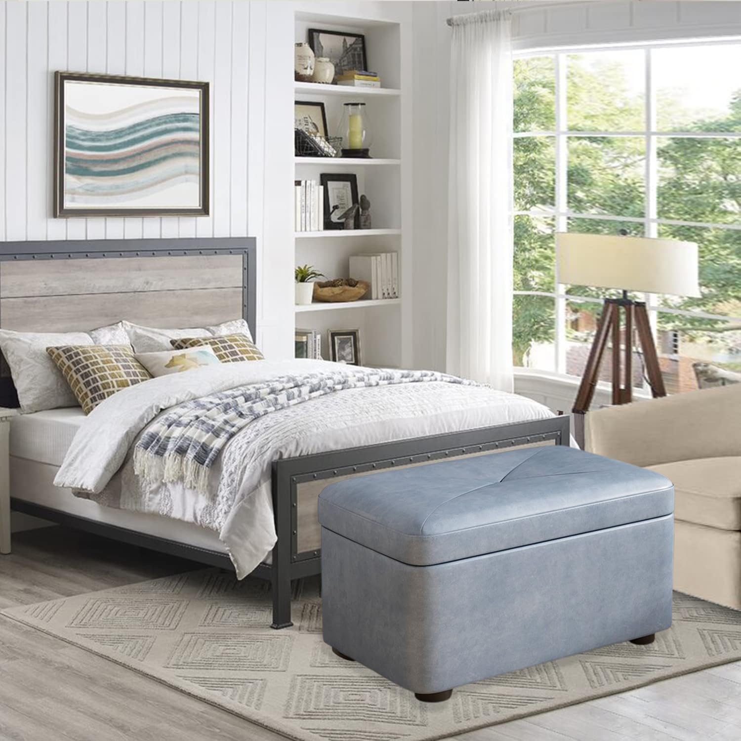 Uandhome Storage Ottoman Cube Storage Box,Multipurpose Foot Stool PU Faux Leather,Square Ottoman Shoe Bench with Padded Seat for Living Room Bedroom Dorm (Blue)