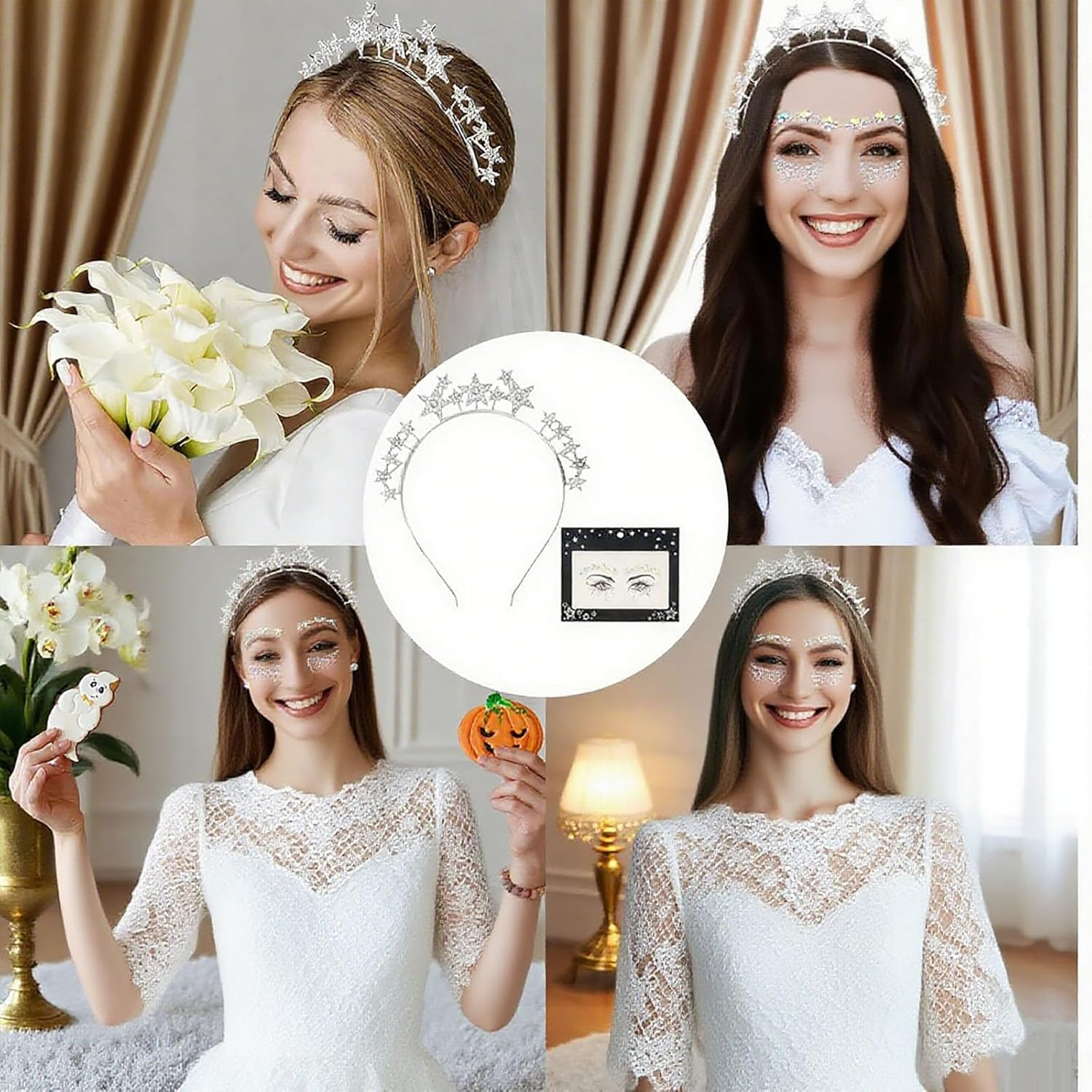 Silver Stars Headband, Stars Headband with Face Tattoo, Star Headpiece for Women and Girls, Glitter Hair Band, Temporary Tattoos Stickers, Glitter Hair Accessories for Carnival Party Halloween image number 5