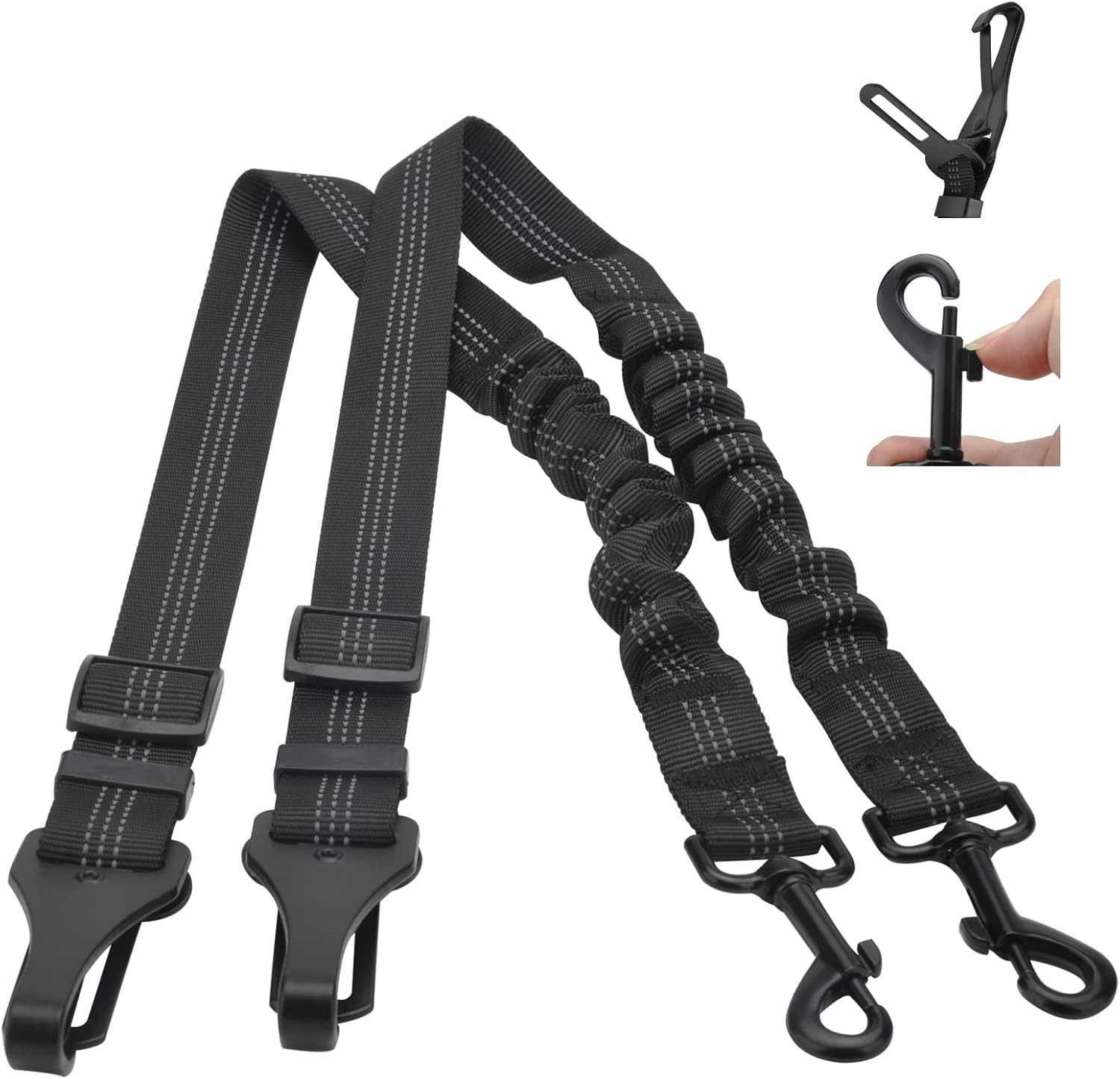 Dog Seat Belt, Pack of 2 Adjustable Seat Belt Dogs for Car, 3-In-1 Reflective Bungee Dog Belt for Car with Hook Seat Belt Dog Car for All Dog Breeds & Car Types (Black) image number 3