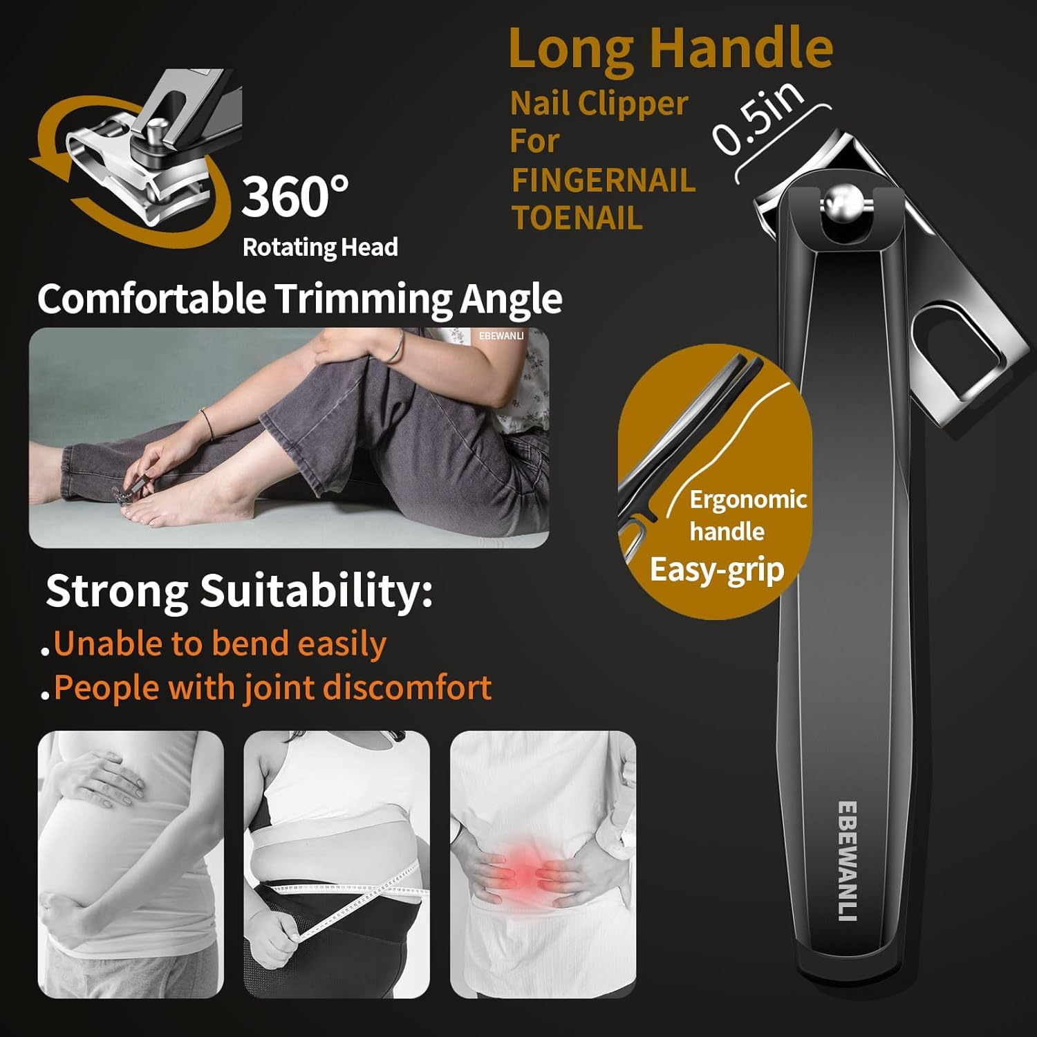 EBEWANLI Professional Toenail Clippers Set for Thick Nails, Ingrown Toenails, Seniors, Men & Women - Stainless Steel, Black image number 5