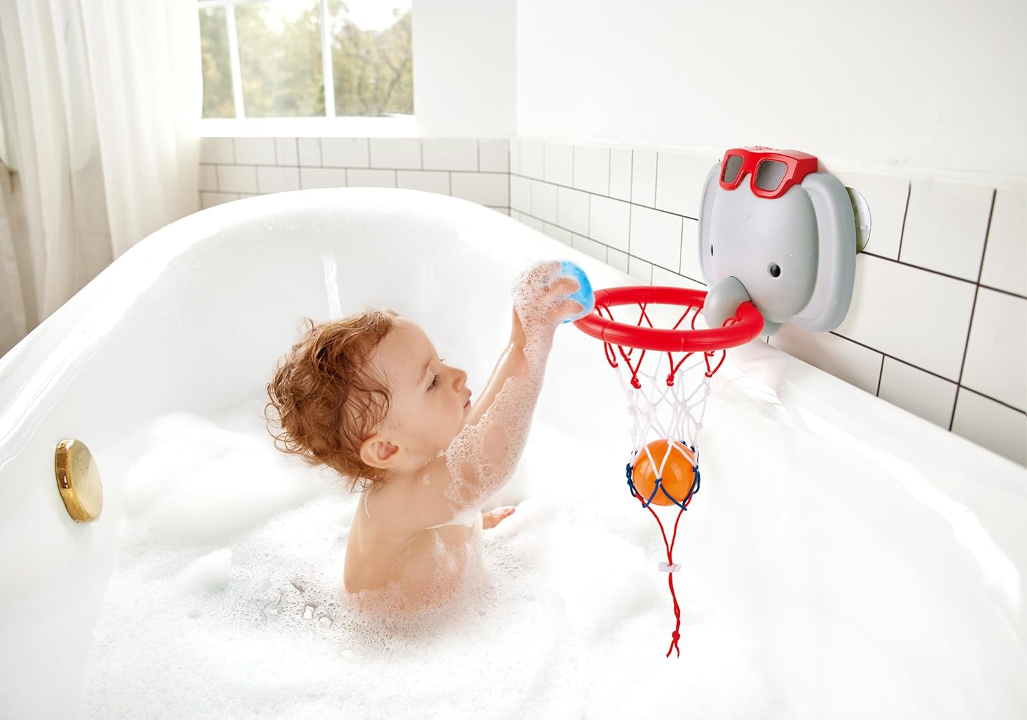 Hape Bath Time Basketball Elephant Pal | Bathtub Basketball Game for Kids | Suction Cup Hoop & 4 Floating Balls | Water Play Toy for Toddlers 18M+ | Bath Toys for Boys & Girls image number 6