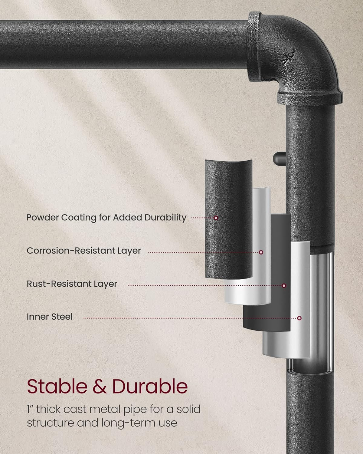 VASAGLE Clothes Rack, Heavy Duty Clothing Rack, Industrial Pipe Style Rolling Garment Rack with Shelf, for Bedroom, Laundry Room, Retail Store, Rustic Brown and Black HSR65BX image number 6