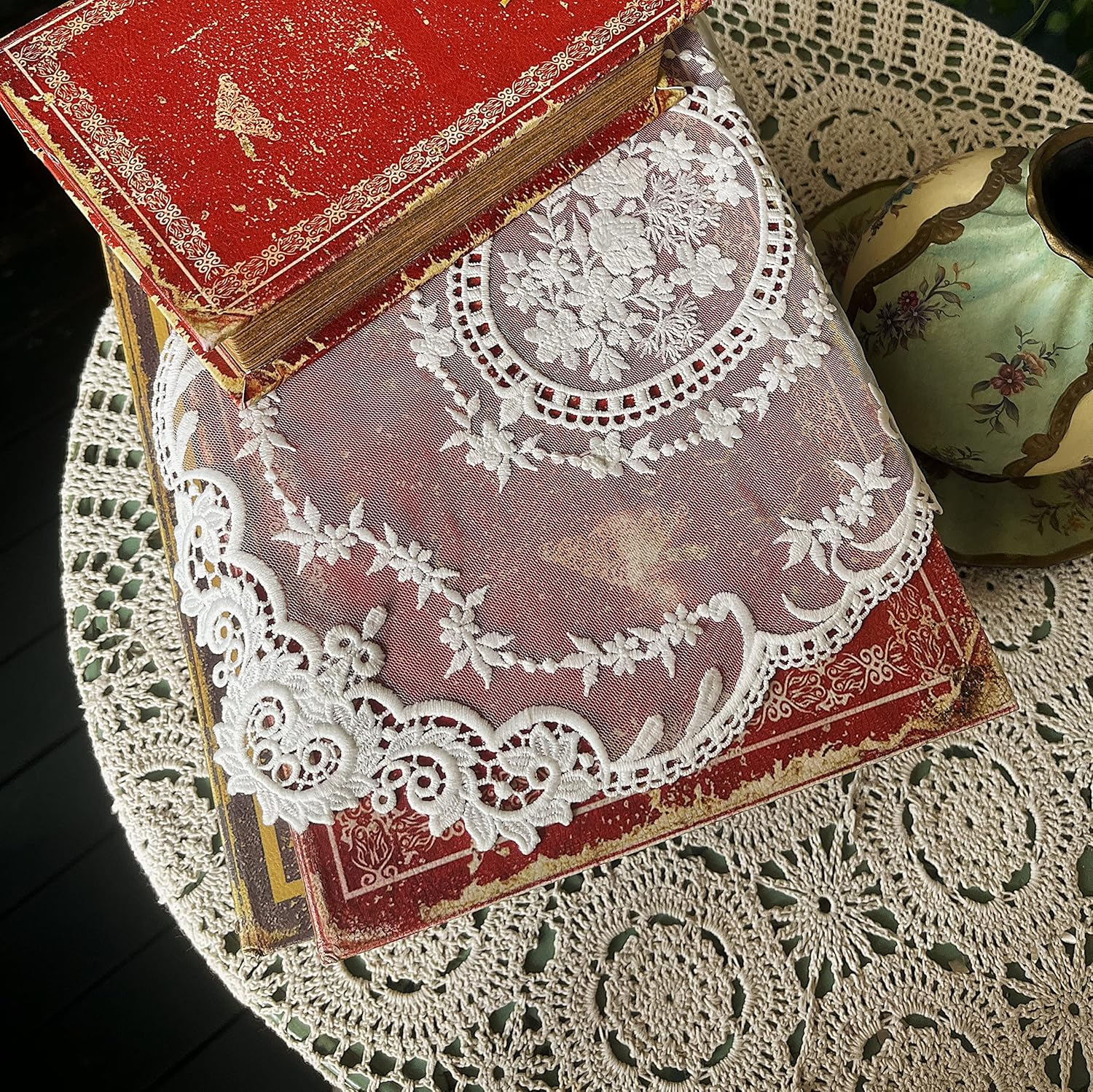 2PACK Retro French Style Lace Placemats Fashionable Embroidered Cup Mat Vase Mat 16.5&rdquo;X11.6&rdquo;,White image number 4