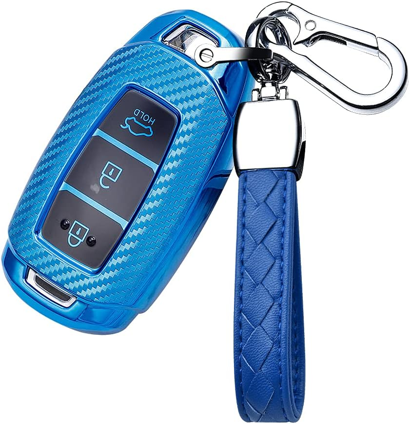 HIBEYO TPU Carbon Fiber Texture Car Key Fob Cover with Keychain Fits for Hyundai Solaris I20 Ix25 Creta Car Key Case Cover