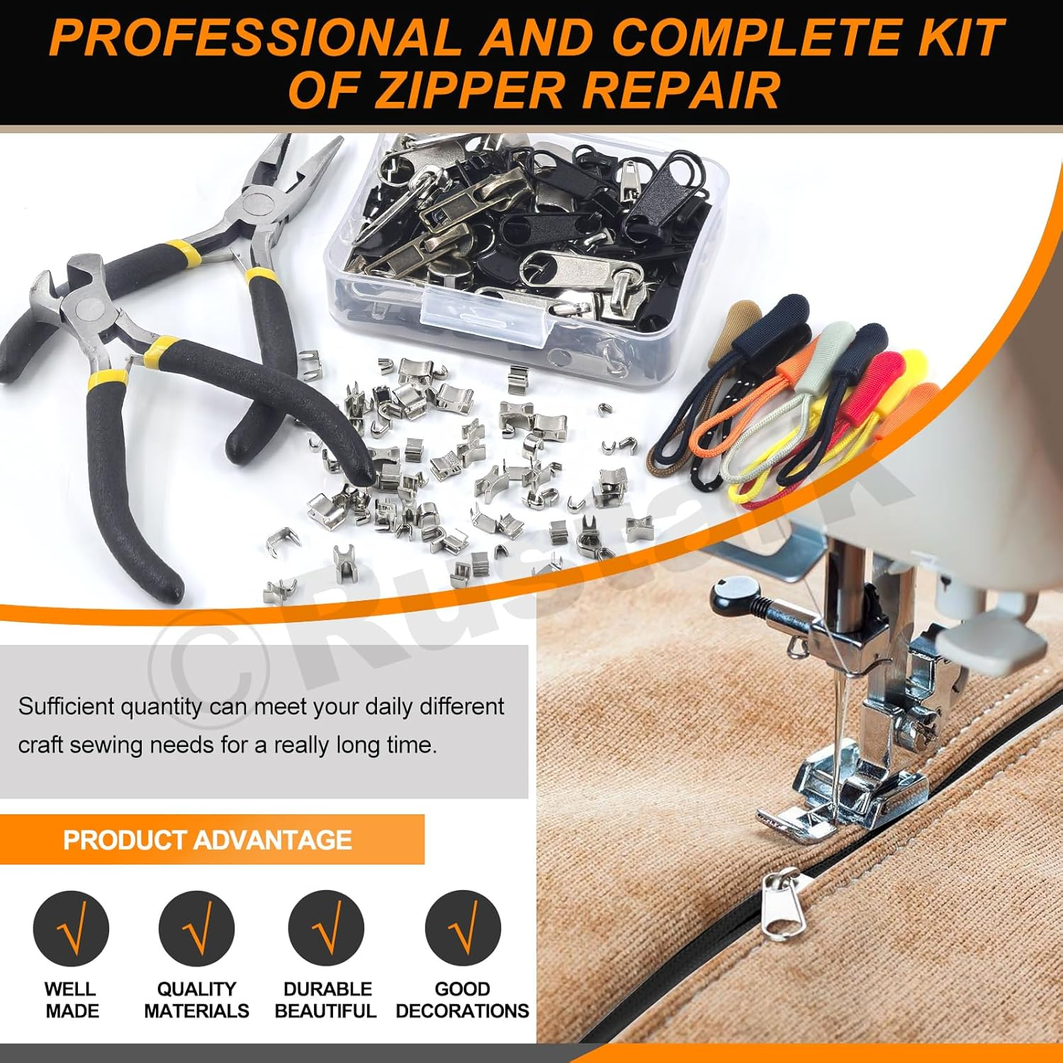 Rustark 144Pcs #3#5#8 Zipper Repair Kit Zipper Replacement Zipper Repair Zipper Pull Replacement and Zipper Stops with Two Zipper Install Pliers Tool for Bag Luggage Tents image number 5