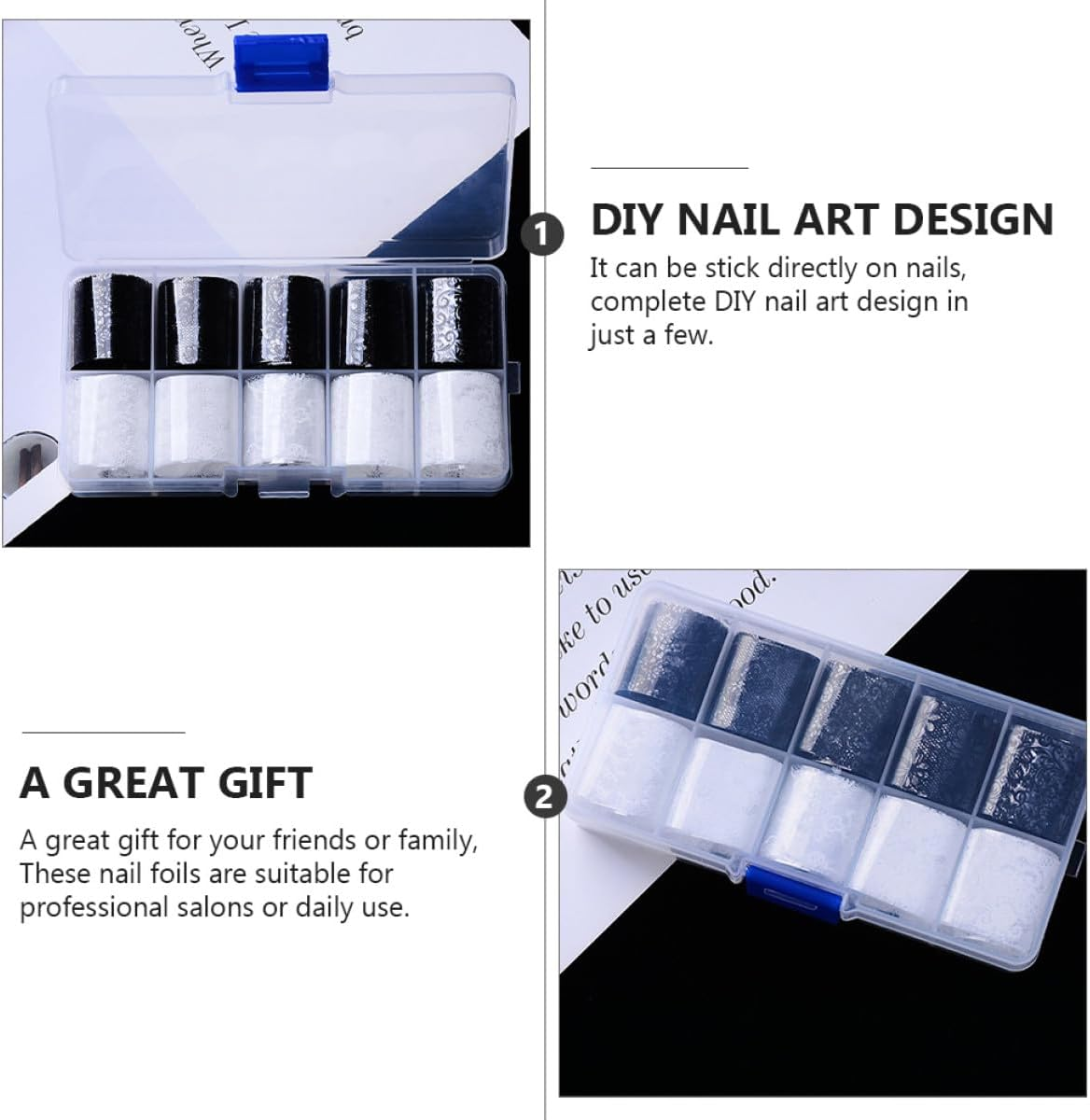 TEHAUX 2 Boxes Black and White Lace Nail Art Stickers Set, 10 Styles Decorative Nail Charms Decals for Creative Manicure and Salon Use