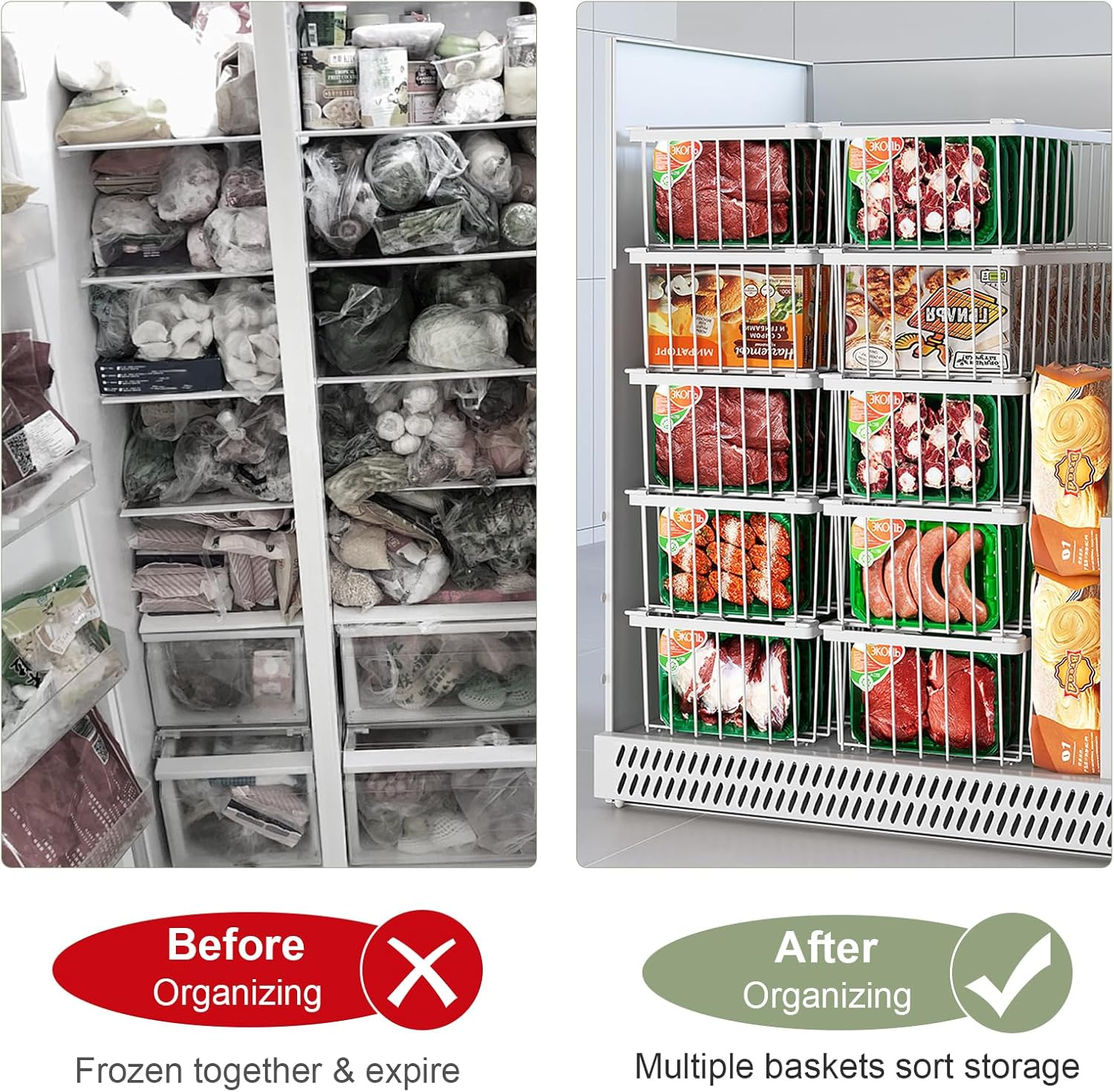 Freezer Organizer Bins, 6 Pack Stackable Deep Chest Freezer Organizer Bins with Folding Handles, Metal Freezer Storage Baskets, Ft Deep Freezer Storage, Increased Space for Food Storage (White) - Black image number 3