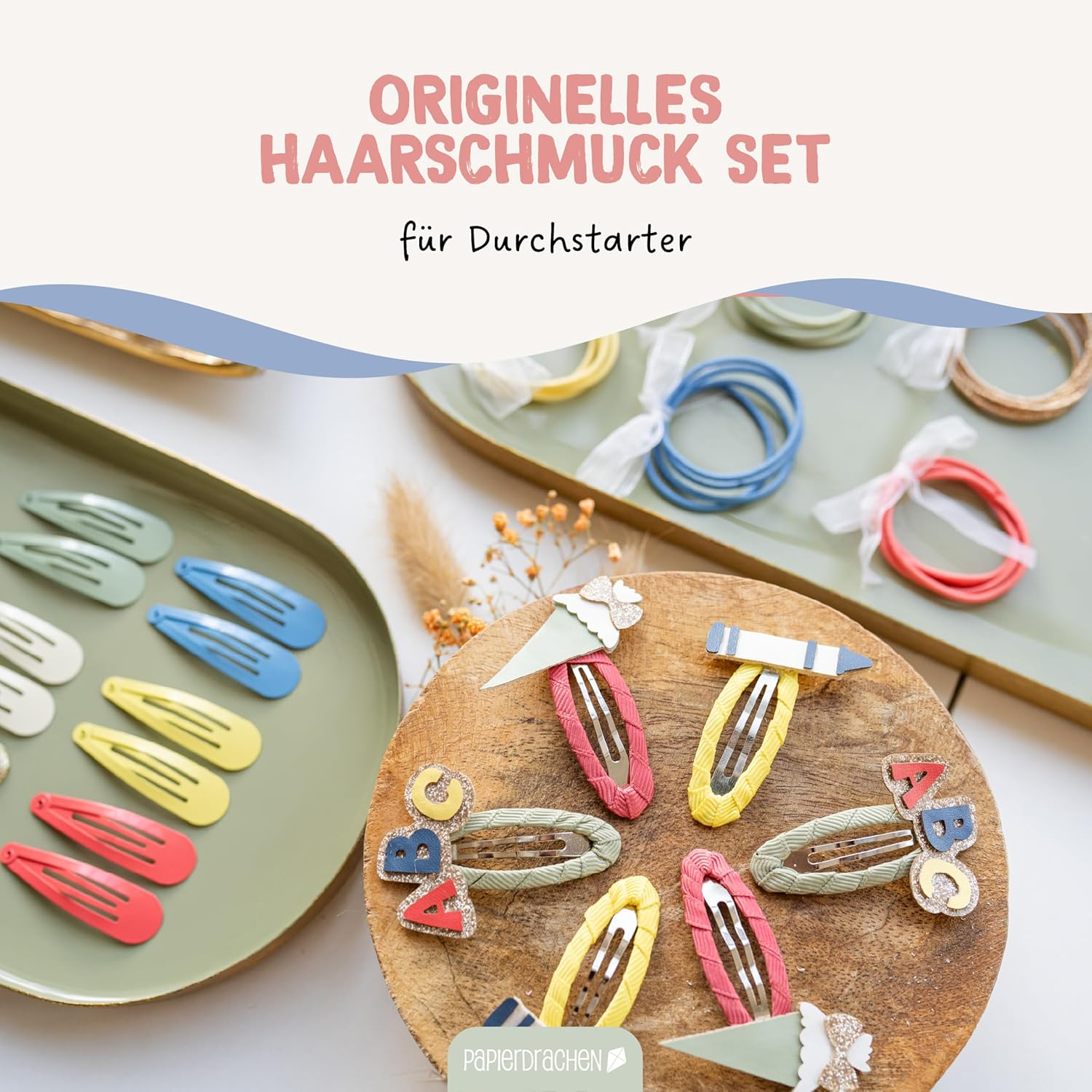 Papierdrachen Hair Accessories Set - Perfect for Starting School - 48 Hair Clips and Hair Bobbles in Many Colours - Children'S Sparrow with Glitter and Fabric Cover - School Pastel - Set of 13