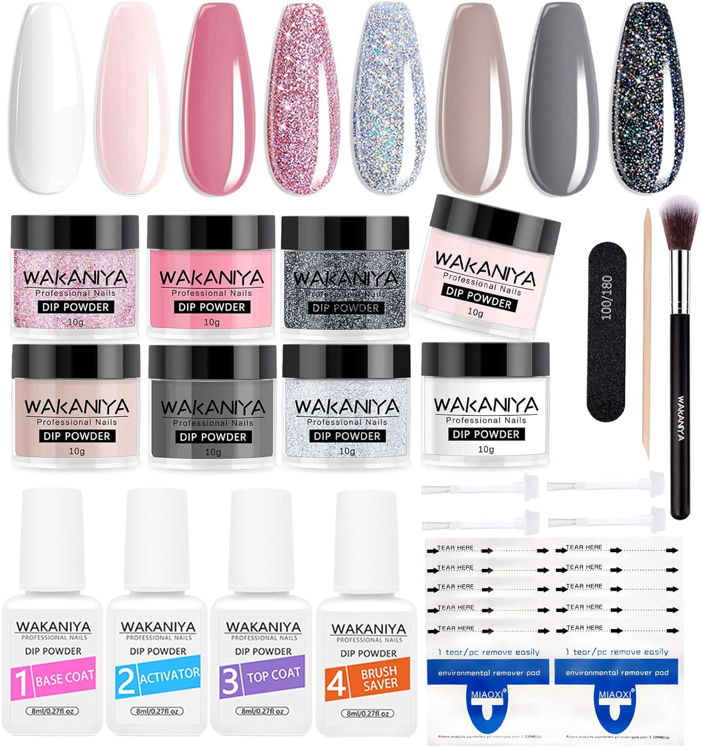Dip Powder Kit - 8 Colors Pink Glitter with Top Base Coat and Activator, Starter Kit for French Nail Art