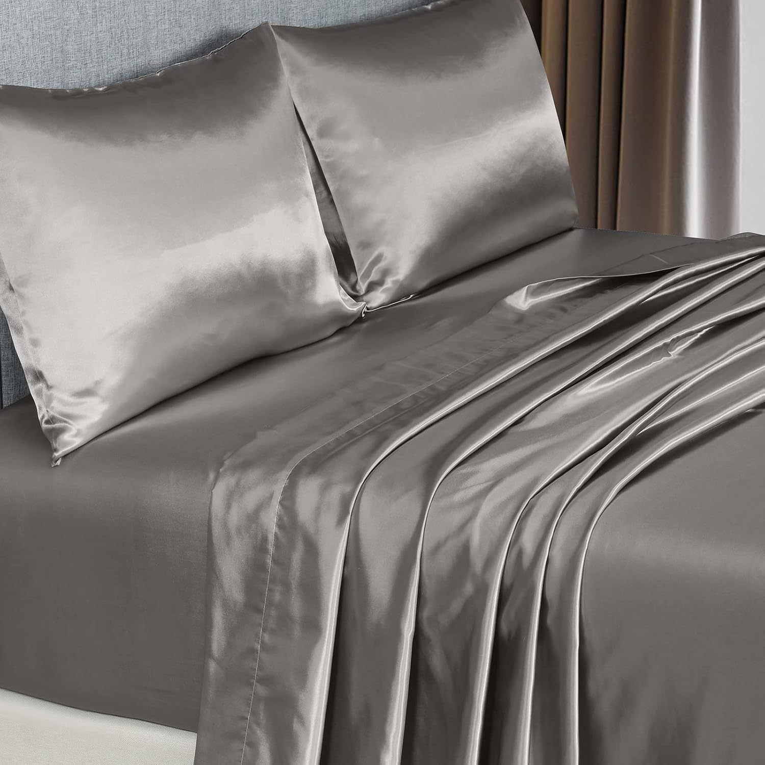 Royal Comfort Sheet Set Satin Polyester, Ultra Soft, Breathable, Silky Smooth, 1 X Fitted Sheet, 1 X Flat Sheet, 2 X Pillowcases(4 Pcs, King, Charcoal) - Malaga Wine image number 2