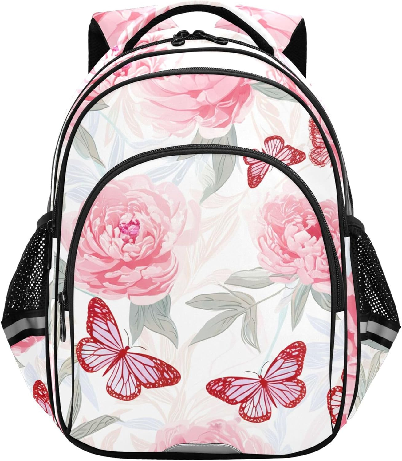 Soft Pink Peonies Butterfly White Kids Student Travel School Cute Floral Book Toddler Elementary Backpacks Animal image number 1