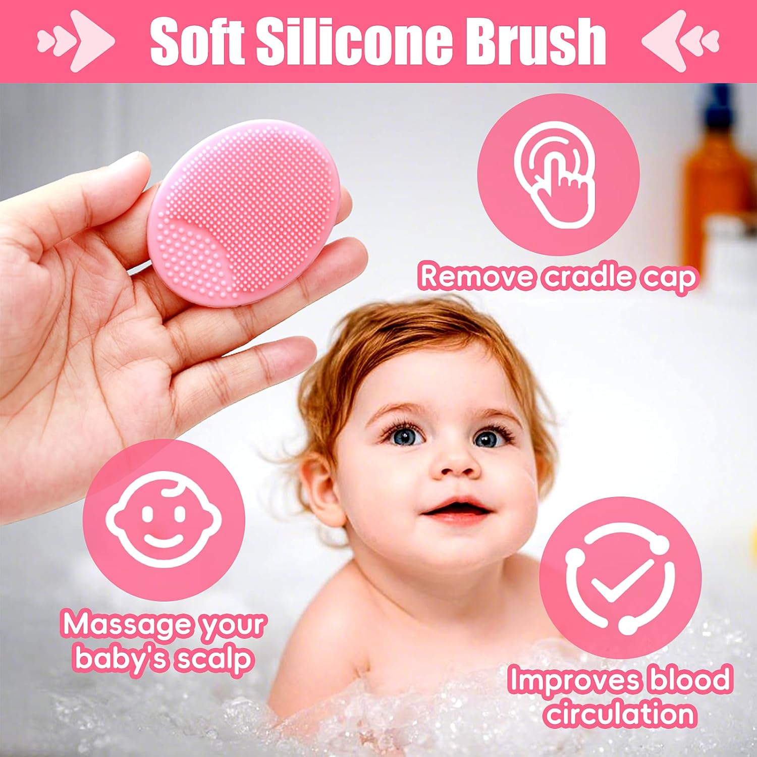 Cradle Cap Brush for Babies, 5Pcs Cradle Cap Treatment Set with Soft Bristle Brushes Silicone Scrubber Long Comb for Newborn Bathing Essentials Baby Brush and Comb Set (Pink) image number 6