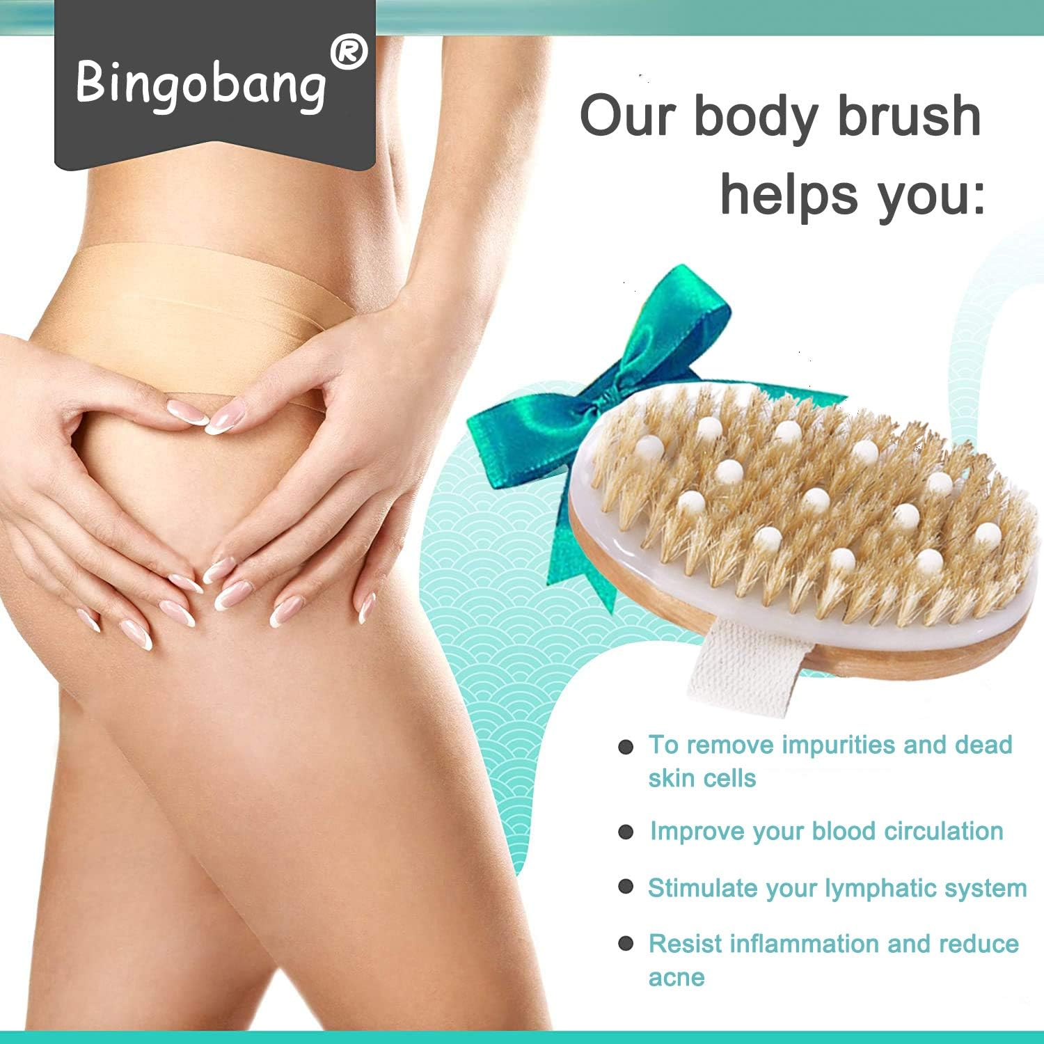 Bingobang Shower Brush for Exfoliating Skin,Wet Dry Body Brush with Long Wood Handle,Bath Back Cleaning Scrubber for Cellulite,Lymphatic Massage,Blood Circulation,Foot Exfoliate Soft Stiff Bristles image number 6