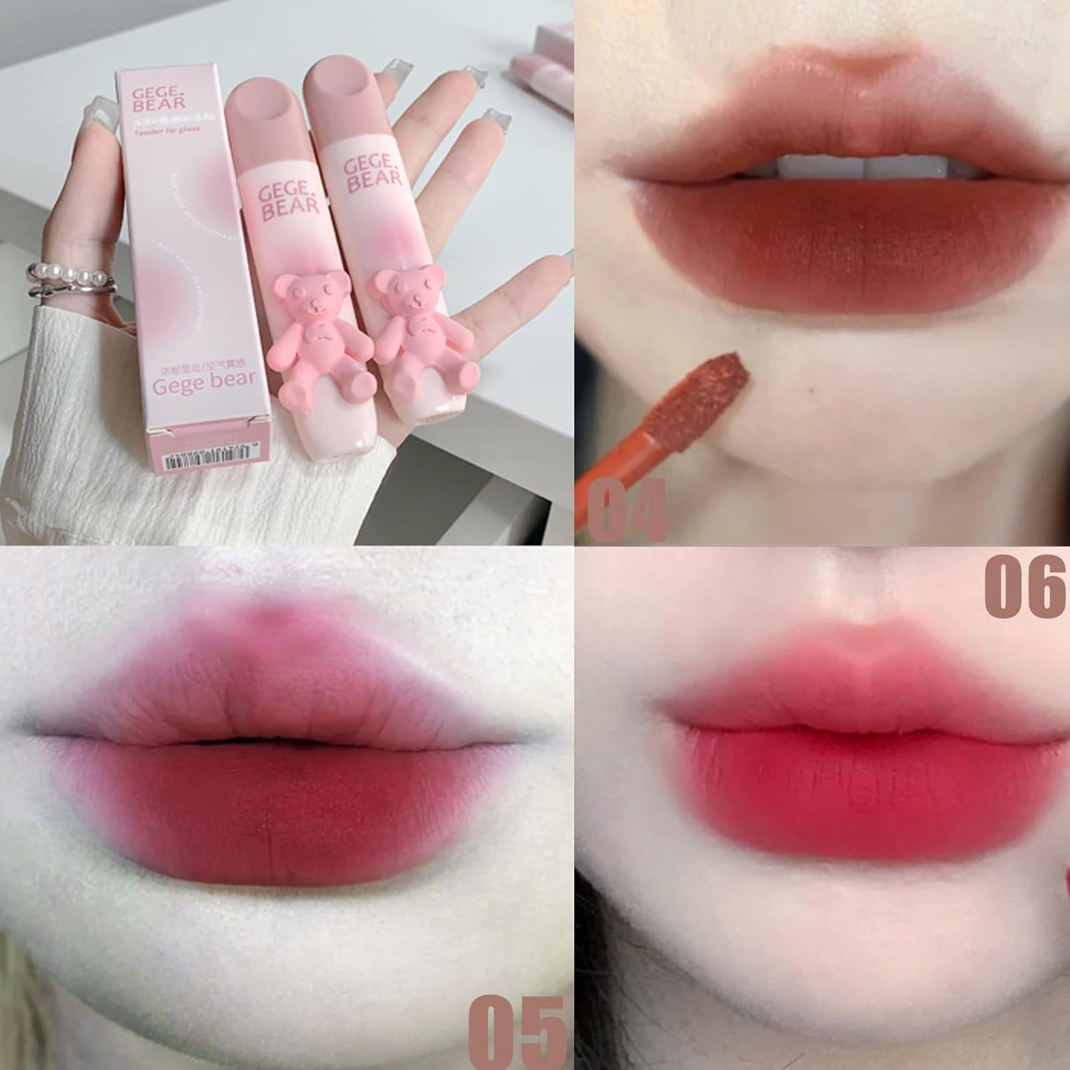 3 Pieces Cute Bear Matte Lipstick Set, Hydrating Velvet Lip Gloss, Long-Lasting, Smudge-Proof Pink Lipstick Lip Glaze Lip Mud for Girls and Women (B) image number 4