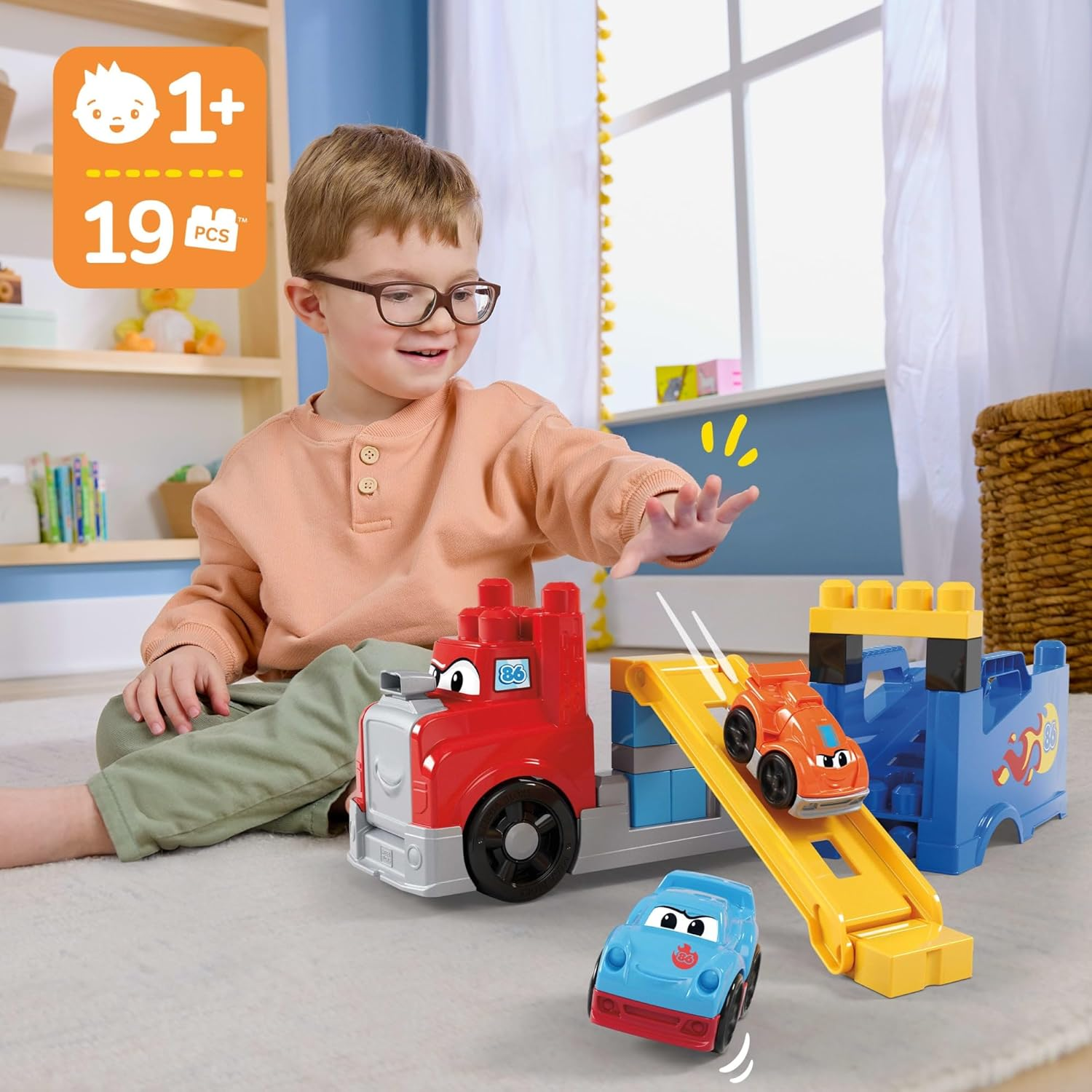 MEGA BLOKS First Builders Toddler Building Blocks Toy Set, Build & Race Rig with 19 Pieces, 2 Race Cars and Storage, Red, Ages 1+ Years