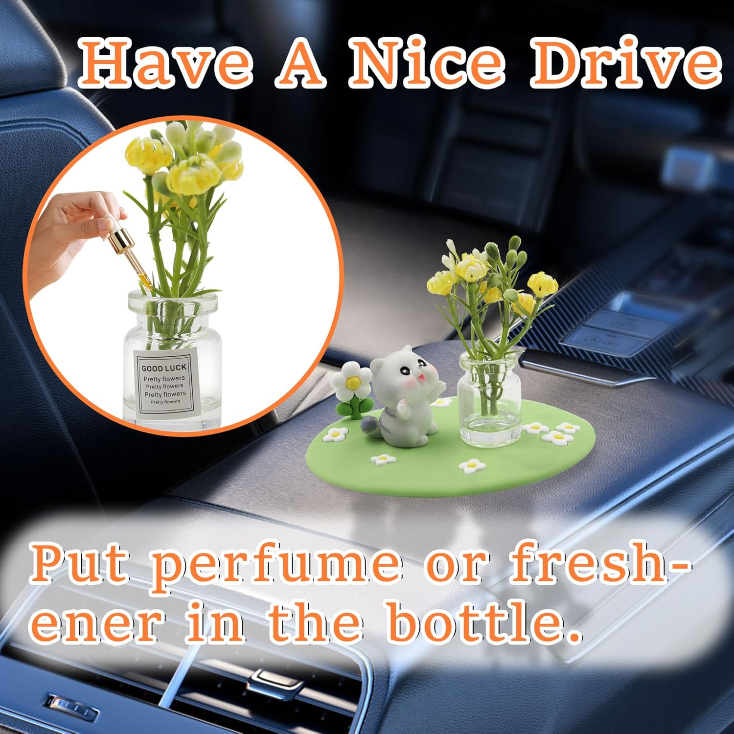 Mini Cat and Jasmine Car Dashboard Decorations, Cute Car Accessories for Women and Men, Mini Car Interior Accessories, Funny Car Rear View Mirror Accessories (Green) image number 4