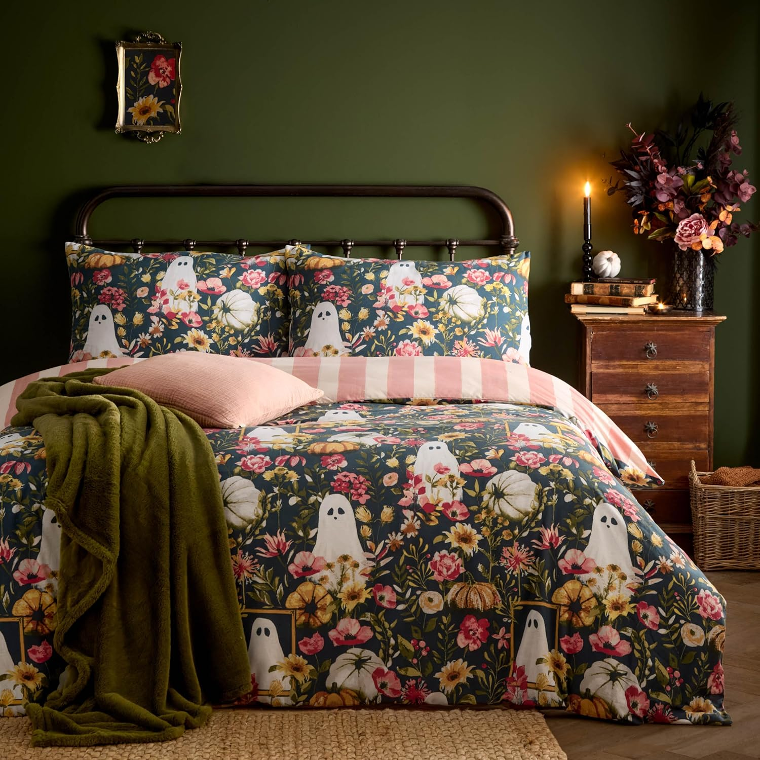 Furn Bootanical Duvet Cover Set - Autumn Floral Halloween Ghost Reversible Bedding (Multi-Colour - Double) image number 5