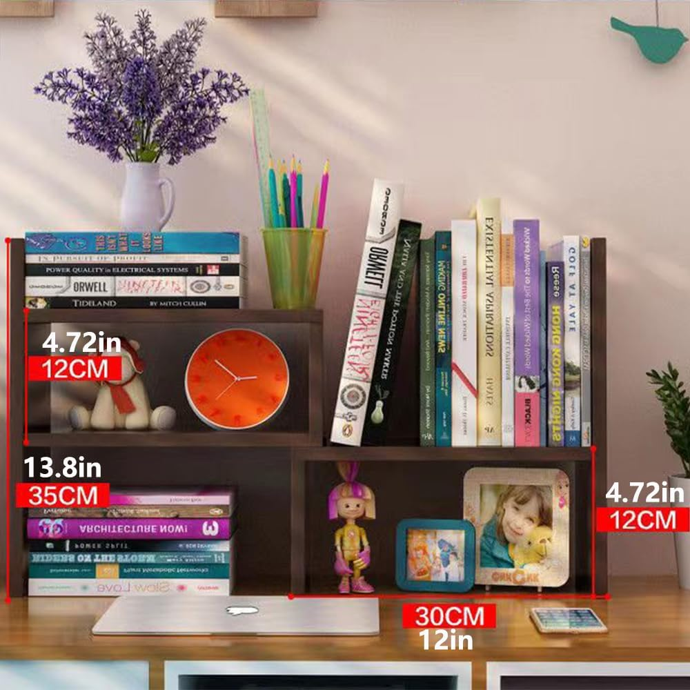 Hbluefat Desktop Bookshelf,Small Desk Shelf Organizer Mini Shelves Adjustable Desk Bookcase Display Organizer for Home Office, Bedroom, Living Room (Dark Walnut) - Dark Walnut image number 2