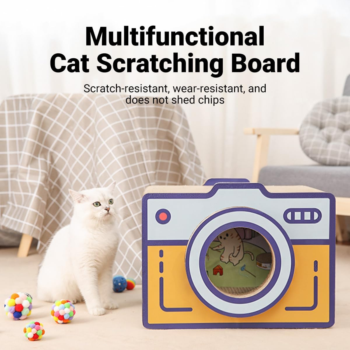 AIMALL Corrugated Cat Scratch Board Retro Camera Style Vertical Cat Nest House Durable Yellow Cardboard Cat Toy Furniture for Indoor Pets image number 3