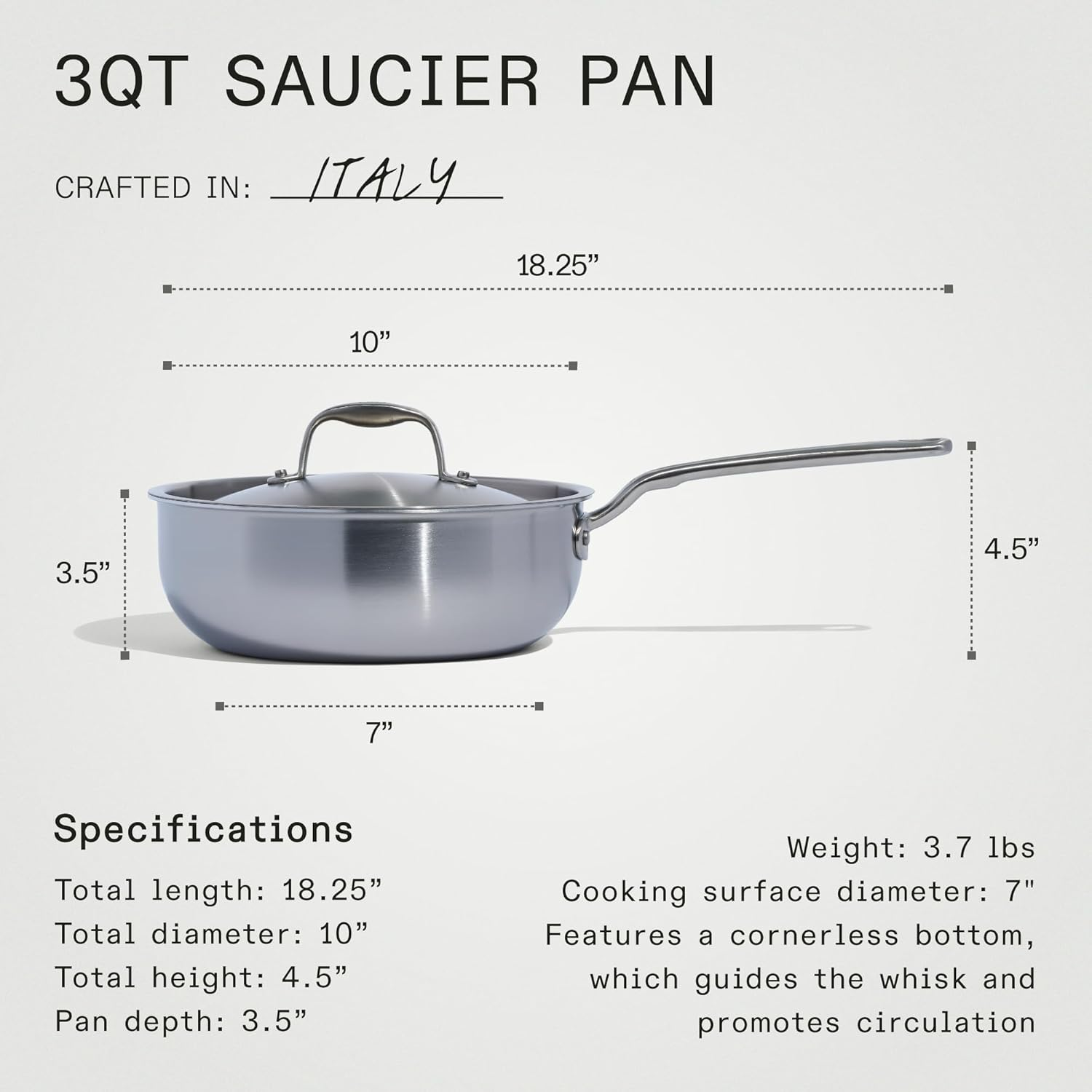 Made in Cookware - 3 Quart Stainless Steel Saucier Pan - 5 Ply Stainless Clad - Professional Cookware - Crafted in Italy - Induction Compatible