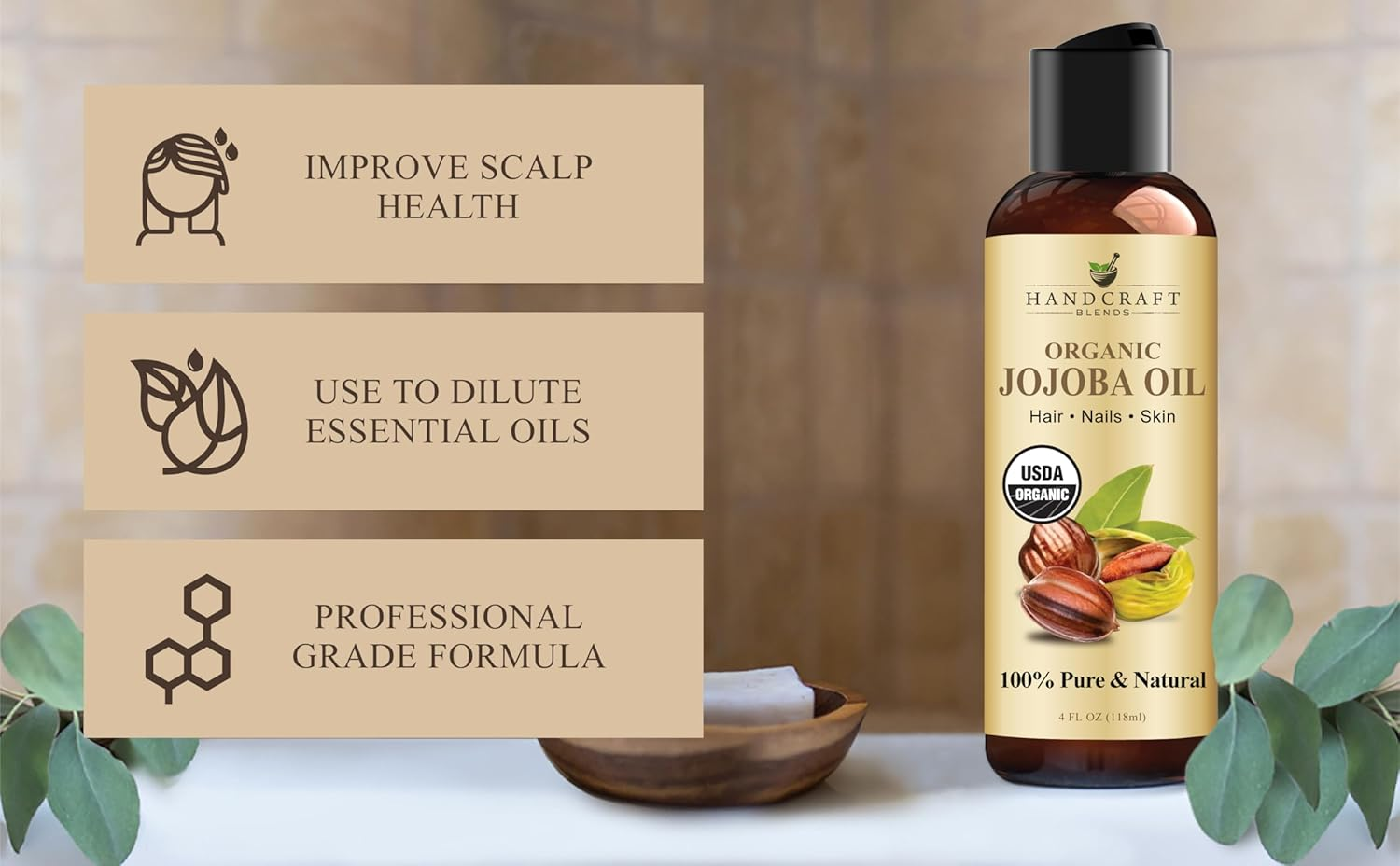 Handcraft Blends USDA Organic Jojoba Oil - Cold-Pressed 4 Fl Oz - 100% Pure and Natural - Premium Grade Carrier Oil for Skin and Hair - Hair and Body - Massage - Hexane-Free image number 1