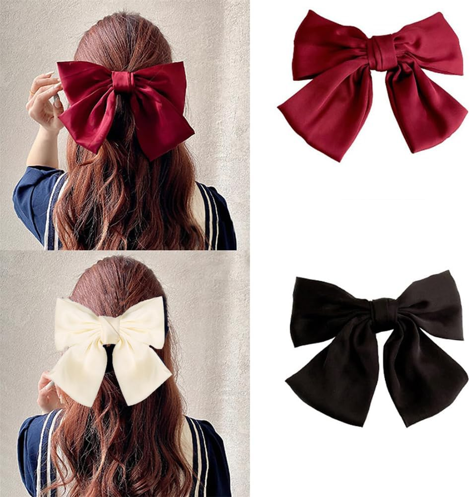 Bow Hair Clip,3 Pcs Hair Bows for Women,Hair Bows,Bows for Hair,Hair Styling Accessories,Big Bowknot Hairpin Soft Satin Silky Hair Bows for Women Girls (Black,Beige and Red) image number 1