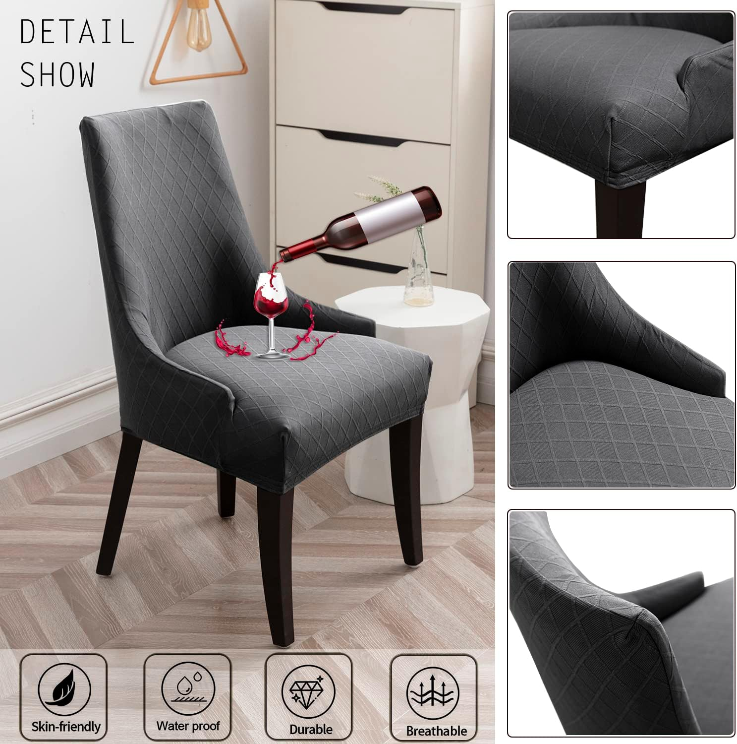 LANSHENG Stretch Rhombic Geometric Wingback Chair Covers Slipcover - Reusable Arm Chair Protector Cover, Washable Dining Chair Covers Protectors for Dining Room (Grey, Set of 2) image number 6