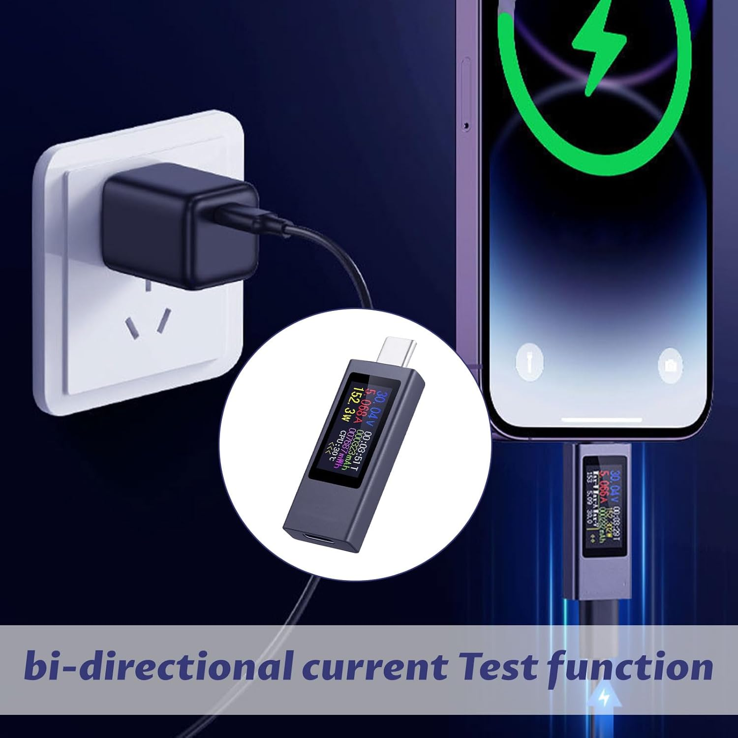 USBC Tester Power Meter, Usb-Tester, Type C Voltage and Current Tester-Meter, Aluminum Alloy Housing with Colorful LED Display, Support Fast Charging Test, Usbcable Charger Detector image number 1