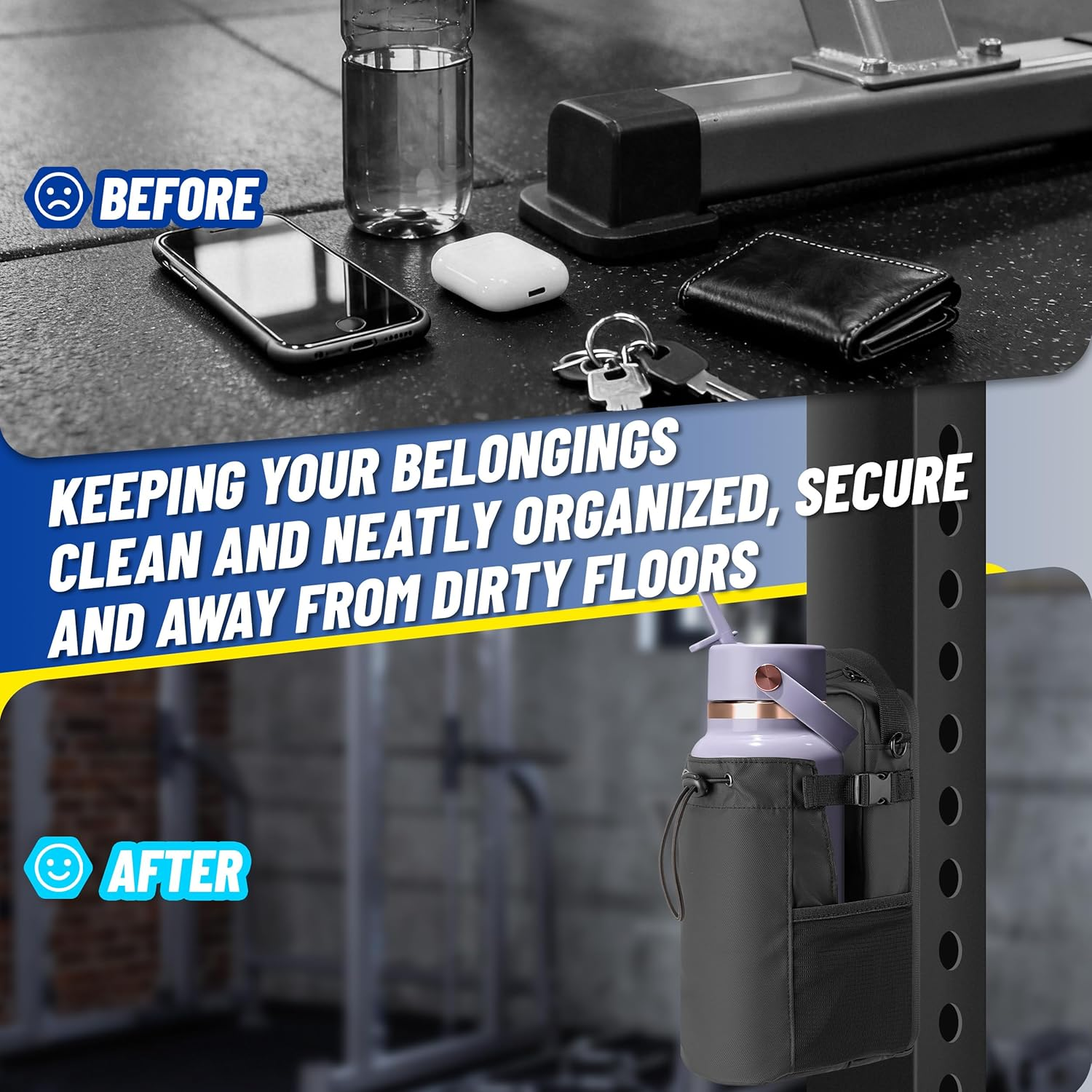 Hilhook Magnetic Gym Bag, 5 Built-In Strong Magnets Gym Water Bottle Carrier Bag with Pockets & Shoulder Strap Compatible with Owala Hydro Flask Stanley, Fits 14-40Oz Bottles