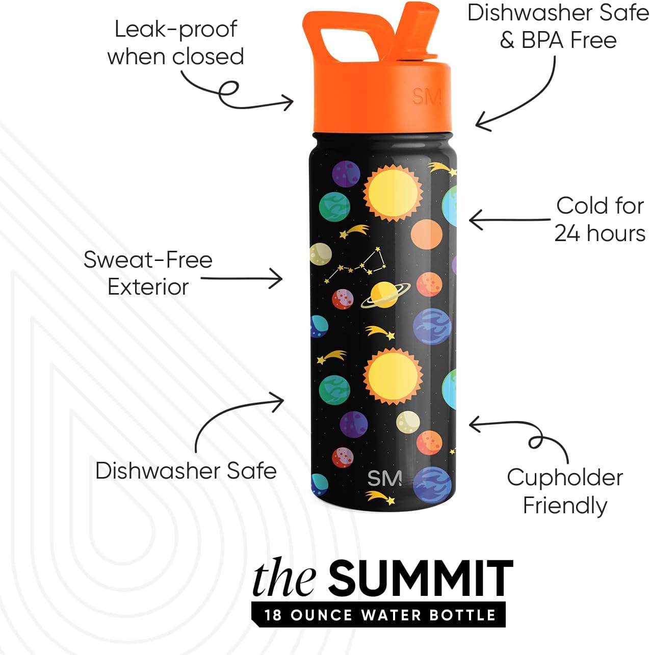 Simple Modern 18Oz Summit Kids Water Bottles with Straw Lid Sippy Cup - Dishwasher Safe Vacuum Insulated Tumbler Double Wall Travel Mug 18/8 Stainless Steel Flask - Pattern: Solar System image number 3