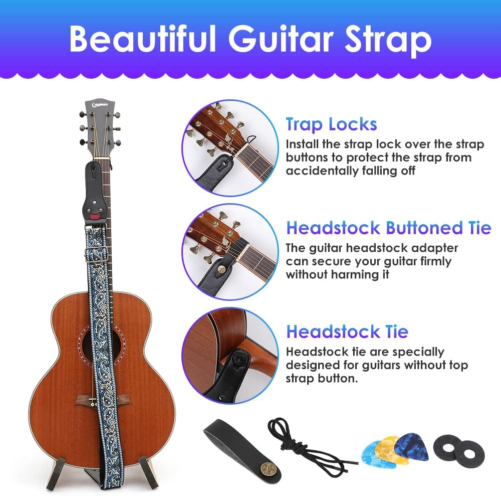 AUTOWT Guitar Strap, Vintage Embroidered Cotton Guitar Straps with Genuine Leather Ends for Bass Electric & Acoustic Guitars with Strap Locks Headstock Buttoned Tie Headstock Lace Tie 3 Guitar Picks image number 3