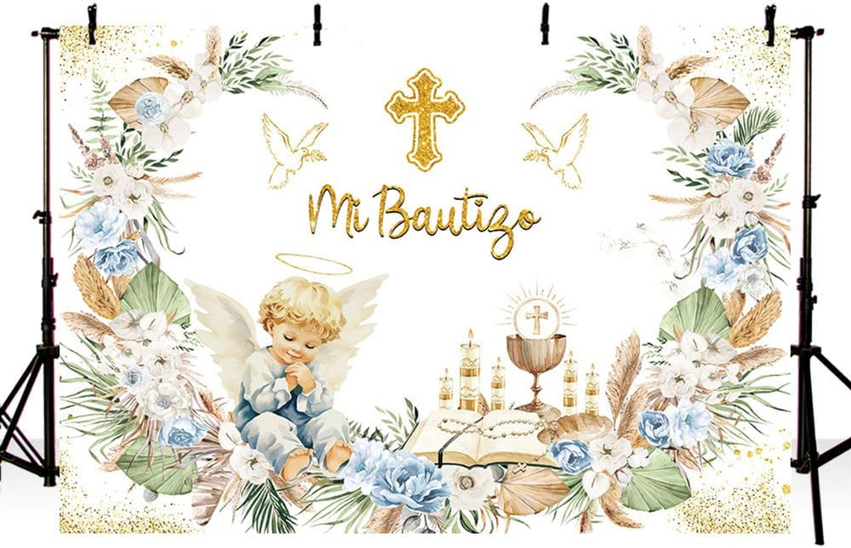 MEHOFOND 2.1 X 1.5 M Boy Christening Decoration Background Mi Bautigo Cross Bohemian Flower Photography Background First Communion Church Christening Party Decoration Banner Studio Supplies image number 5