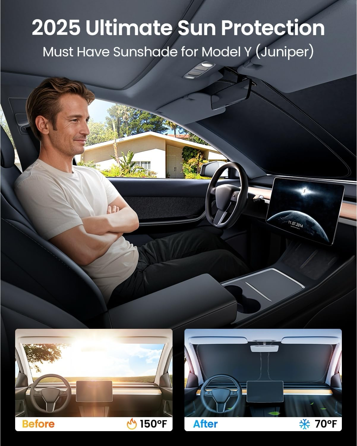 REEVAA 2025 Upgraded Tesla New Model Y (Juniper) Sunshade Windshield [Tailored Fit, 99% Sun Protection] Foldable Sun Shade Accessories with Storage Bag for Model Y 2016-2026, Silver Coating image number 6