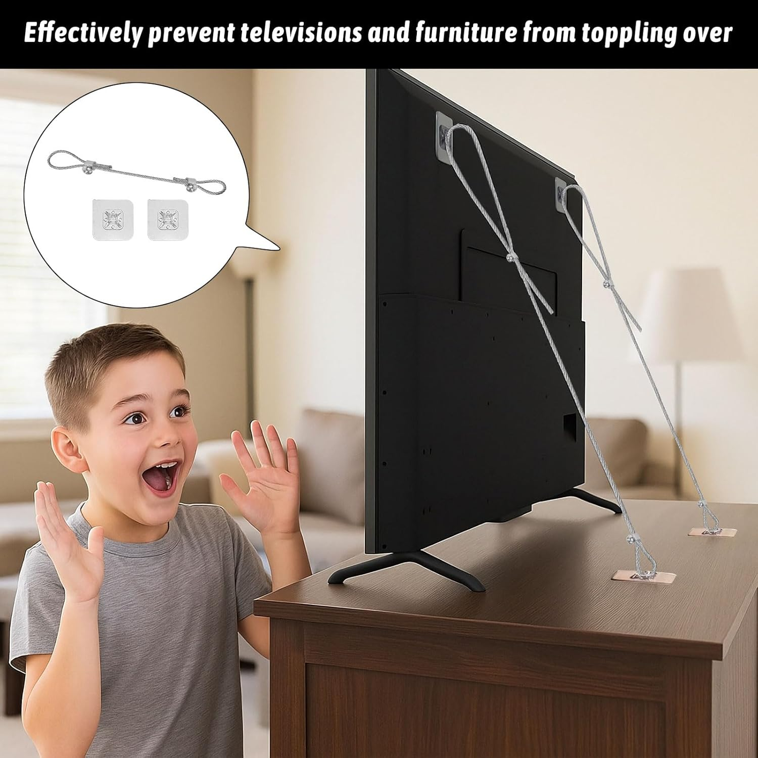 TV Anchors for Baby Proofing, 2Pcs Furniture Anchor Straps, Wall Anchors for Furniture, Adjustable TV Safety Straps, No-Drill Adhesive Strap Anchor Kit for TV, Wall Cabinet, Dresser Stand image number 4