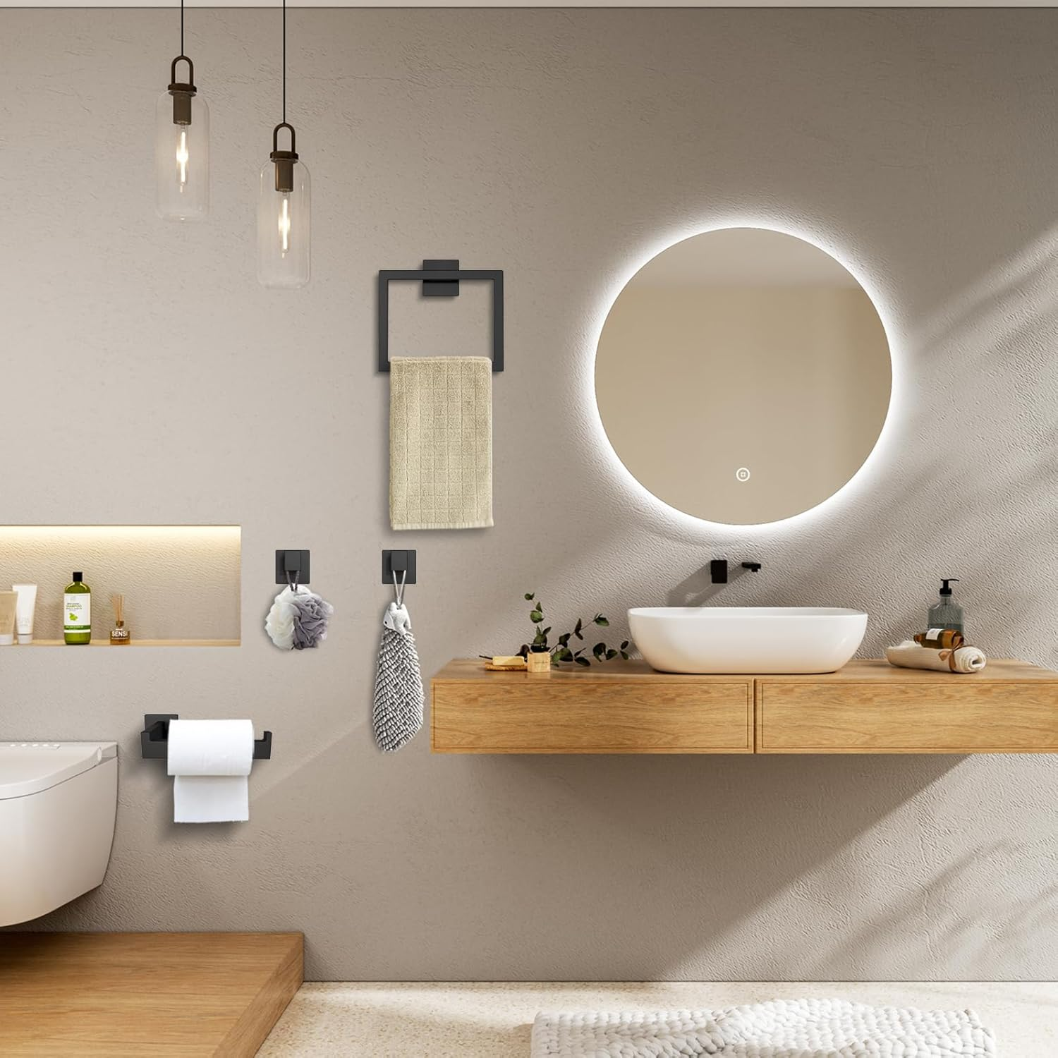 Sunzone Bathroom Hardware Accessories Set, Matte Black Bathroom Accessories Set,Wall Mounted Stainless Steel Towel Rack,Towel Ring,Toilet Paper Holder,2 Towel Hooks image number 6