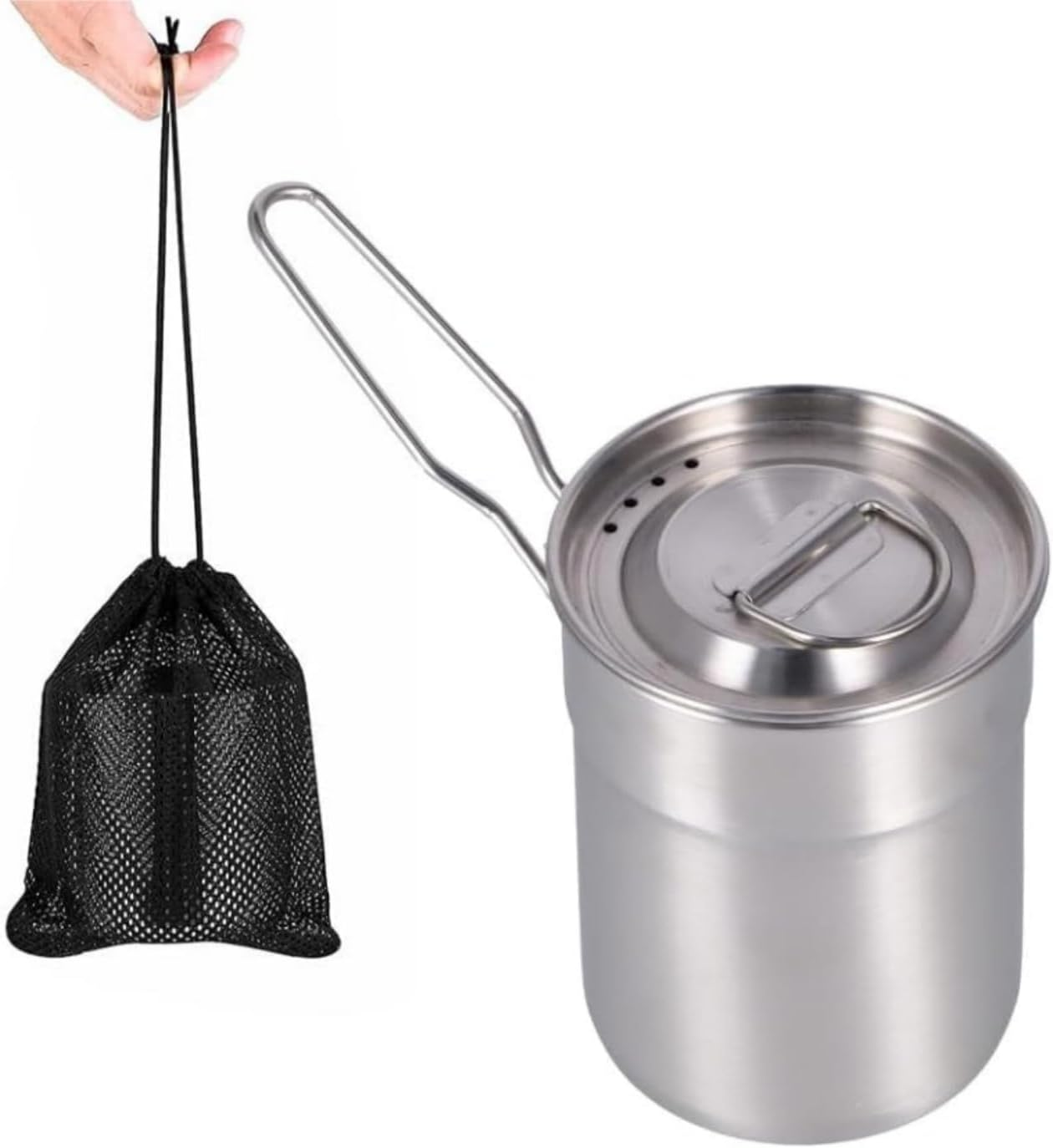 Camping Cup Pot, Foldable Locking Handle Vented Lids Outdoor Lightweigh Travelling Cook Pots 1L Stainless Steel Water Mug for Hiking Backpacking Picnic Open Fire Cooking image number 5